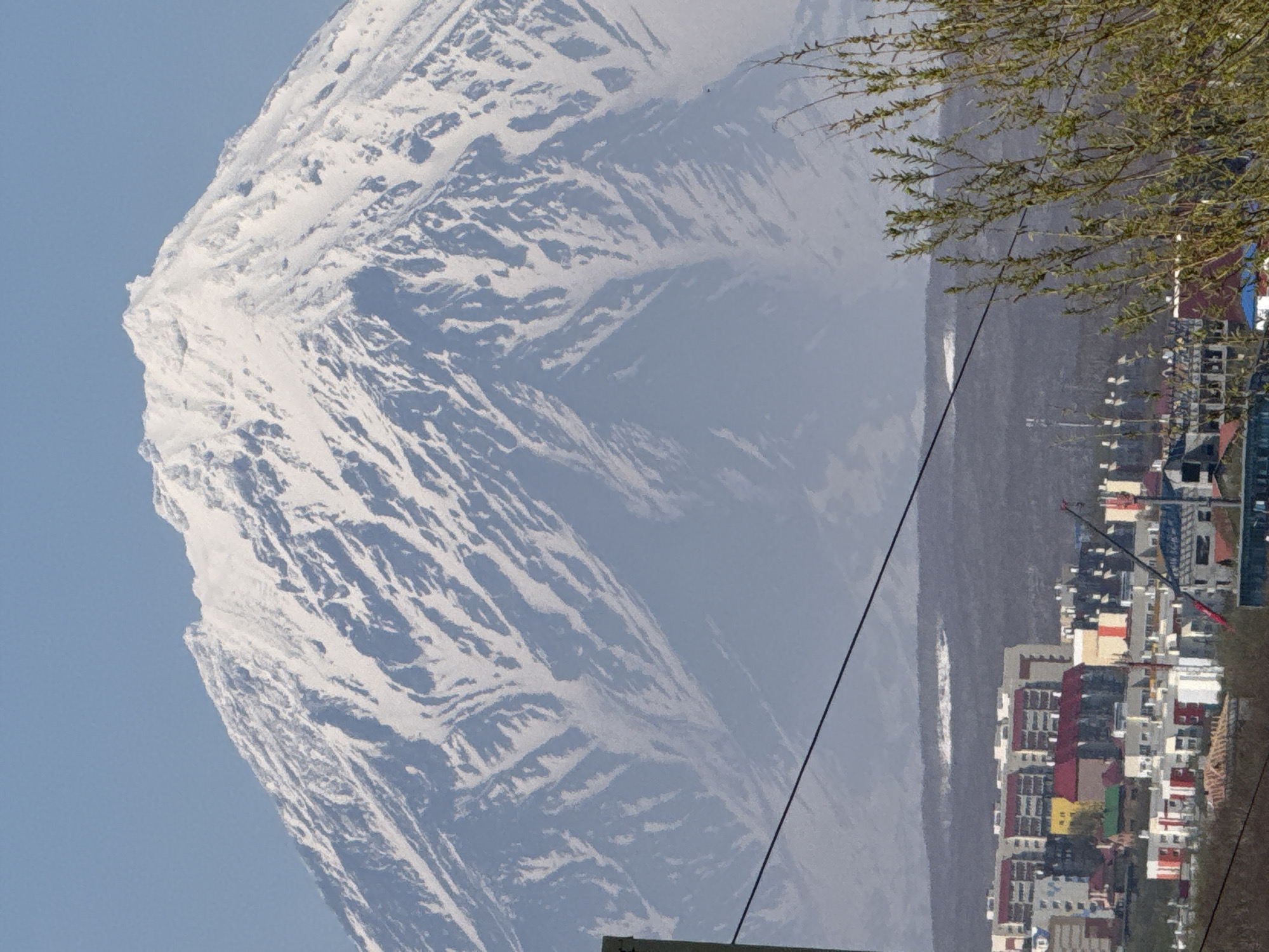 The image displays a majestic, snow-capped mountain dominating the background, towering over a city situated at its base. This prominent peak, characteristic of the Kamchatka region in Russia, exhibits extensive white snow cover with intricate patterns of exposed dark rock or shadow. Its rugged slopes descend into a slightly hazy mid-ground.
In the mid-ground, a cityscape stretches across the frame, featuring a variety of buildings with different heights and colors, including residential structures with red, orange, and gray roofs. Several construction cranes are visible, indicating ongoing development within the city. A body of water, likely Avacha Bay, appears between the city and the distant mountain, partially obscured by atmospheric conditions.
The foreground includes sparse branches with green leaves from a tree, framing the upper right portion of the scene. A dark power line cuts diagonally across the middle of the image, running in front of both the city and the mountain. The sky is a clear, light blue, suggesting good visibility and fair weather during the daytime. No specific activity is depicted, and no text is visible. The photograph captures the dramatic juxtaposition of a powerful natural landscape with an urban settlement in Petropavlovsk-Kamchatsky.