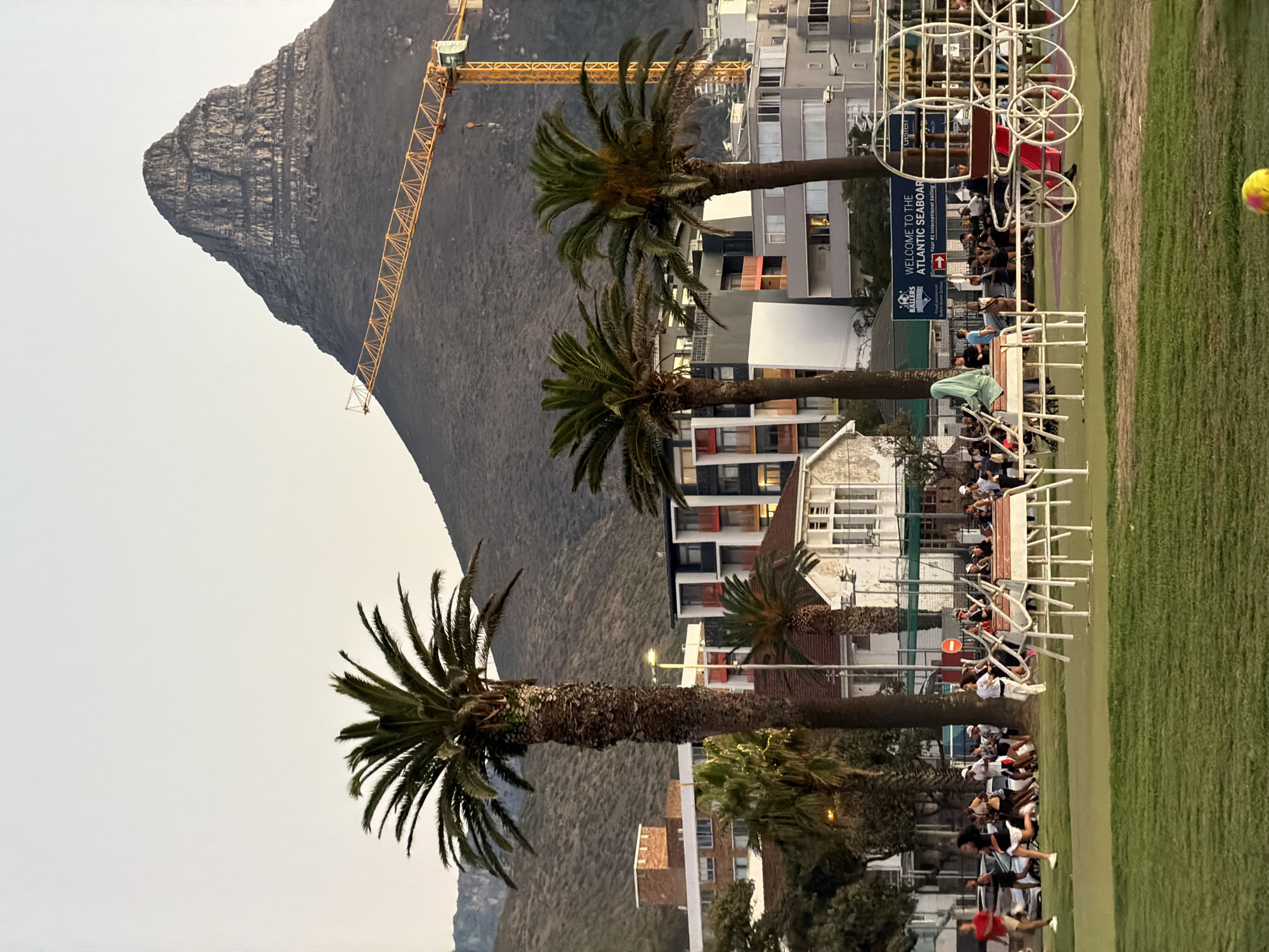 The image depicts a scene in Cape Town, South Africa, against the backdrop of Lion's Head mountain. A construction crane is visible near the mountain. Several palm trees are in the midground. A crowd of people are seated on bleachers, watching an event occurring on a green field. Buildings are interspersed among the palm trees and bleachers. The sky is overcast.