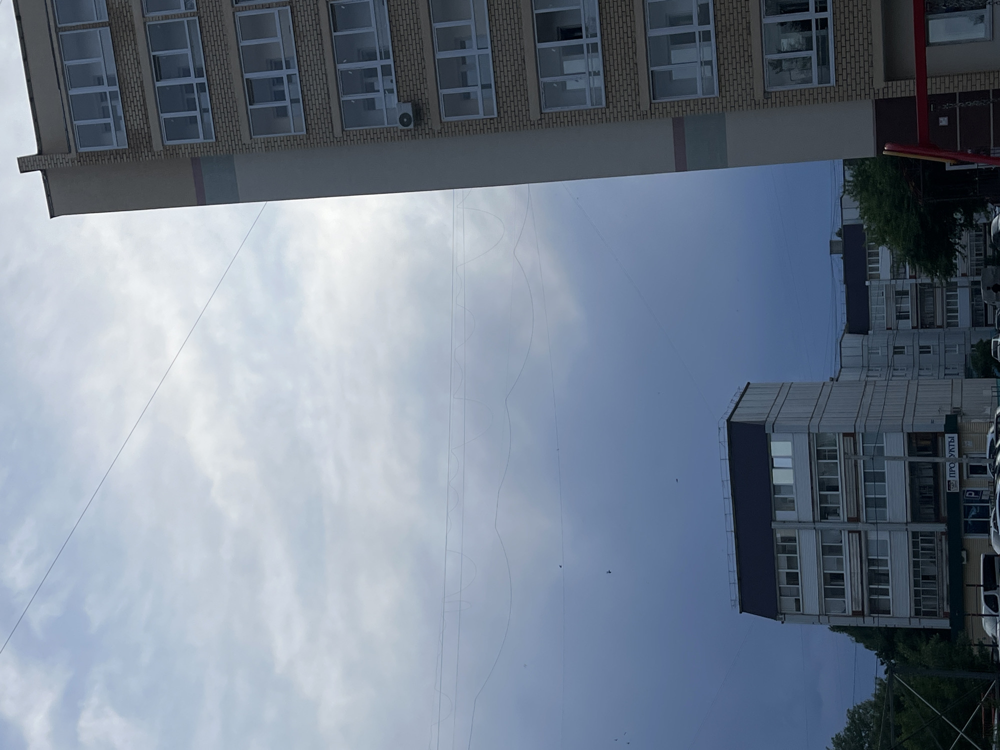 The image shows a street scene in what appears to be the city of Chaikovsky, Russia, identifiable by the Cyrillic script on a sign. Two multi-story buildings with similar architectural styles dominate the frame, appearing on opposite sides of the sky, and there is a cloudy sky. Several birds are visible, and there are power lines stretching across the view. The buildings are modern, with multiple windows. One of the buildings features a sign that reads "ПРОДУКТЫ", suggesting it houses a grocery store. Several vehicles parked in front of the building. The photo is taken from an upward angle.