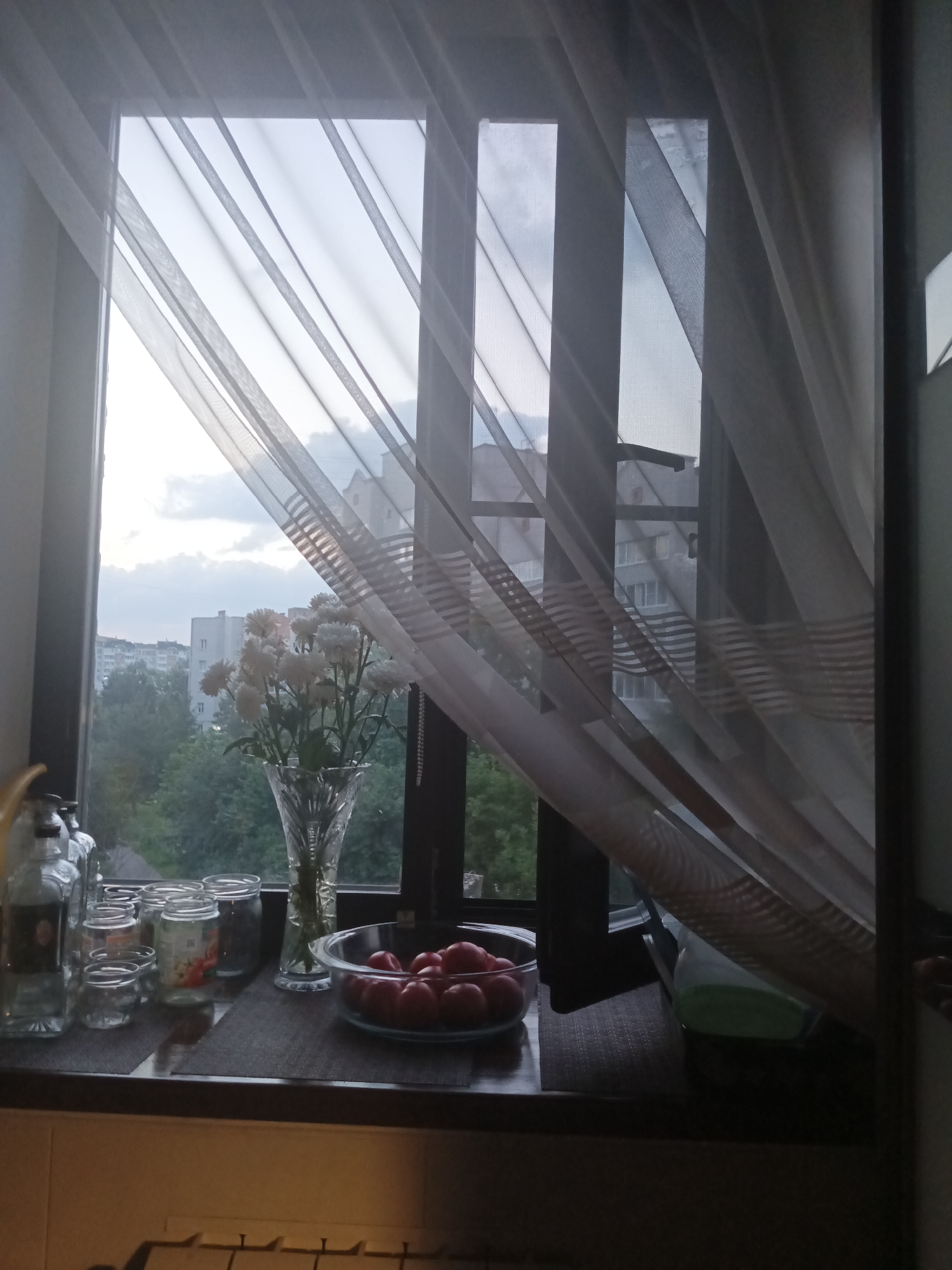 A window view from a building in Obninsk, Russia, shows a close-up of a window with sheer curtains. On the windowsill, a crystal vase holds a bouquet of white flowers. To the left, several glass jars and bottles are arranged, some containing food items. To the right of the flowers, a glass bowl is filled with red tomatoes. Through the window, trees and apartment buildings are visible in the background, suggesting an urban setting. The sky is overcast. The scene is lit by natural daylight, creating a soft and diffused ambiance.