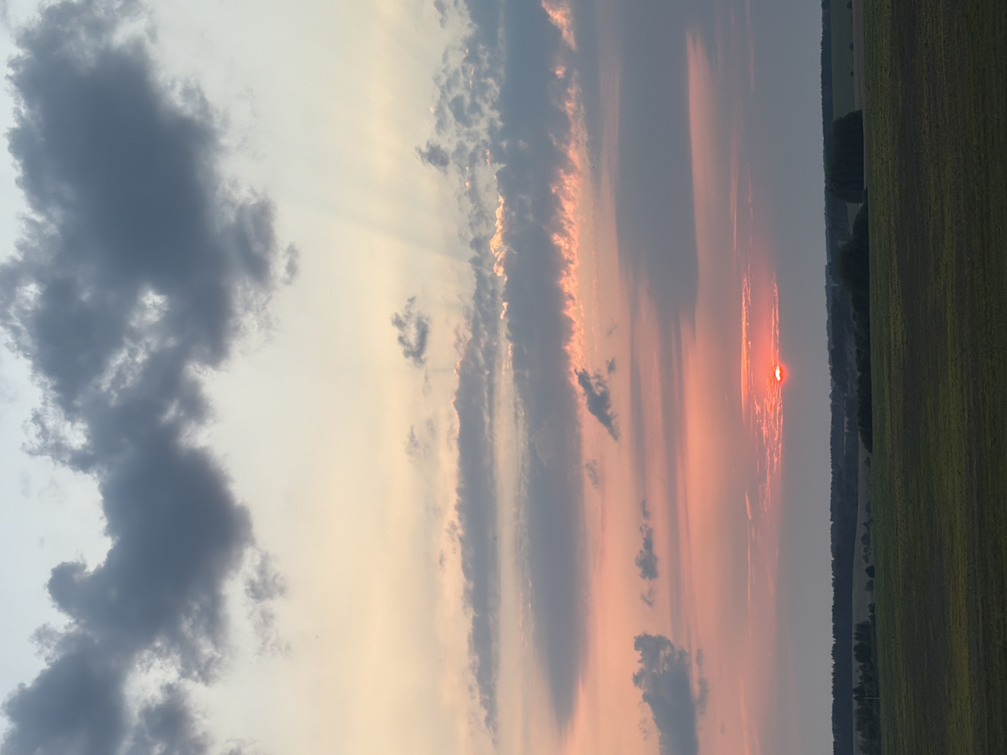 The image depicts a landscape at dusk in Lubyantsy, Russia. A vast expanse of dark green fields stretches across the foreground, with a thin line of dark green trees forming a distant horizon. Above the treeline, the sky is a gradient of colors, transitioning from pale yellow and pink near the horizon to a light blue at the top. Several layers of clouds are present: darker, heavier clouds are concentrated at the top of the frame, while lighter, wispy clouds are scattered throughout the middle and lower sections. A portion of the setting sun, emitting a bright orange glow, is visible just above the treeline on the right side of the frame. The overall scene conveys a sense of calm and natural beauty. There are no people or specific objects of note within the frame, only the natural elements of a rural landscape at sunset.