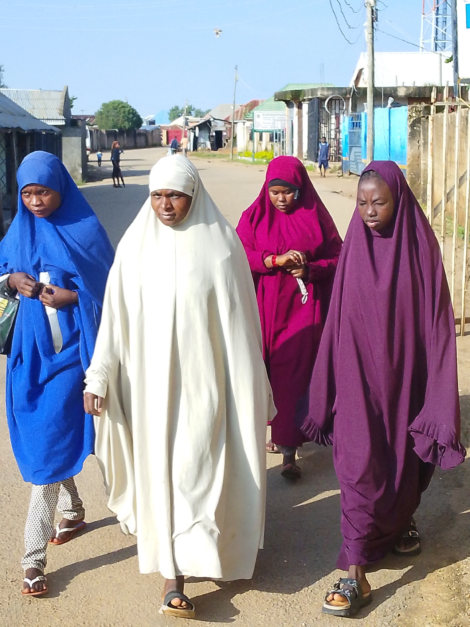 Four women wearing traditional Islamic attire, hijabs and long dresses, walk along a dusty, unpaved road in Jos, Nigeria. The woman on the far left wears a bright blue hijab and a patterned white and gray garment on her legs. Next to her, a woman in a white hijab and dress walks. The third woman from the left is dressed in a vibrant magenta hijab and dress. The woman on the far right wears a dark purple hijab and dress, the sleeves of which have ruffled edges. All women are walking away from the viewer. The environment appears to be a semi-urban area with buildings and power lines visible in the background. The road is lined with structures of varying architectural styles, some appearing to be residential homes and others more commercial. The sky is clear and blue, indicating a sunny day.