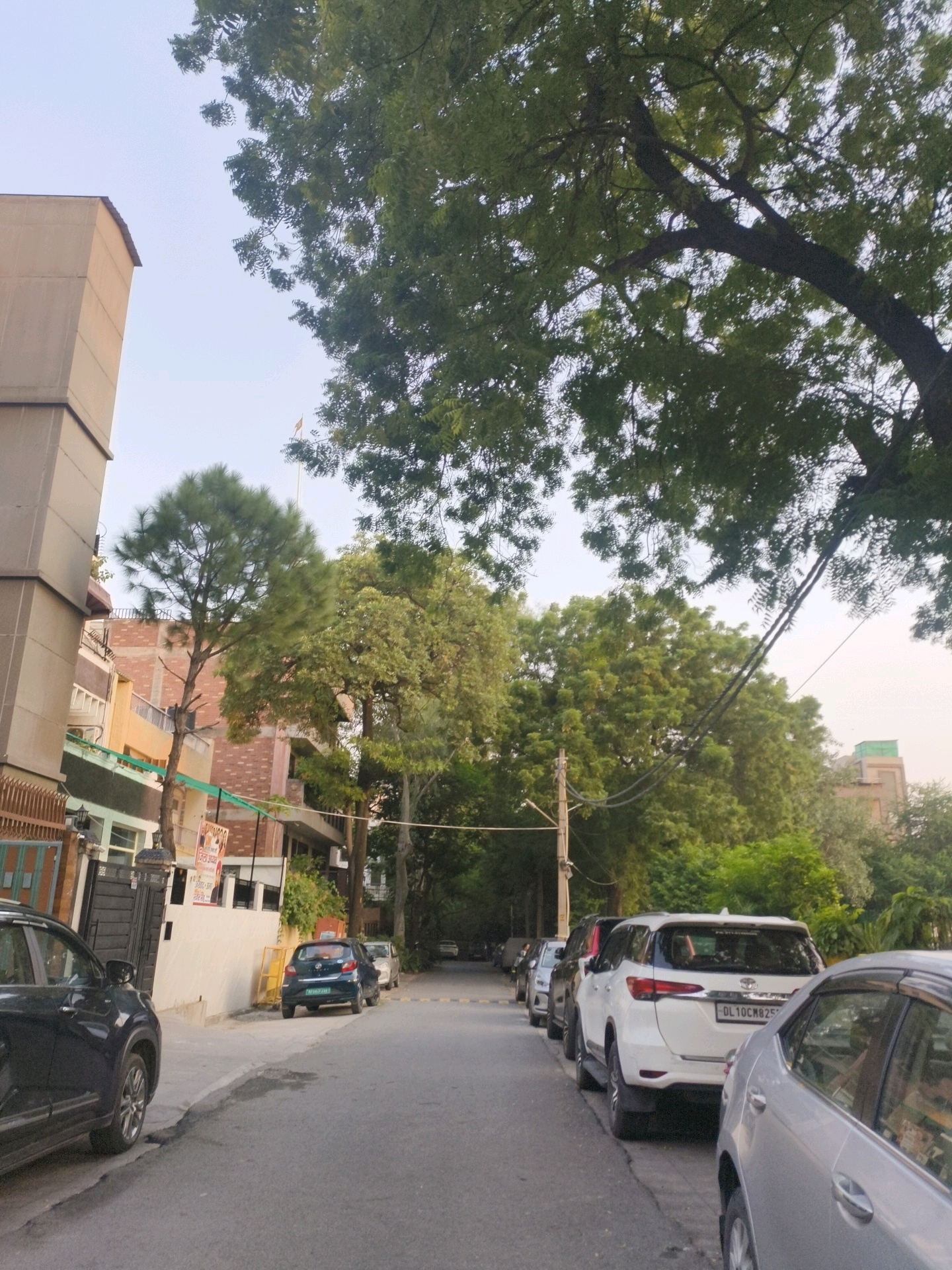 The image captures a street scene in Delhi, India, characterized by a paved road lined with parked cars and bordered by buildings and lush green trees. On the left side of the street, a modern, multi-story building with a light beige facade is visible, featuring balconies and windows. Adjacent to it, a black metal gate and a section of a white wall with a sign are present. Several cars, including a dark blue hatchback and a black SUV, are parked along the left side of the road.
The right side of the street is dominated by a row of parked cars, most prominently a white SUV. The road itself has yellow speed bumps visible. Overhead, the branches of large, mature trees create a canopy, with some power lines strung between poles. In the background, more buildings and dense foliage can be seen, suggesting a residential or mixed-use area within the city. The overall atmosphere is that of a typical urban street in India during daylight hours.