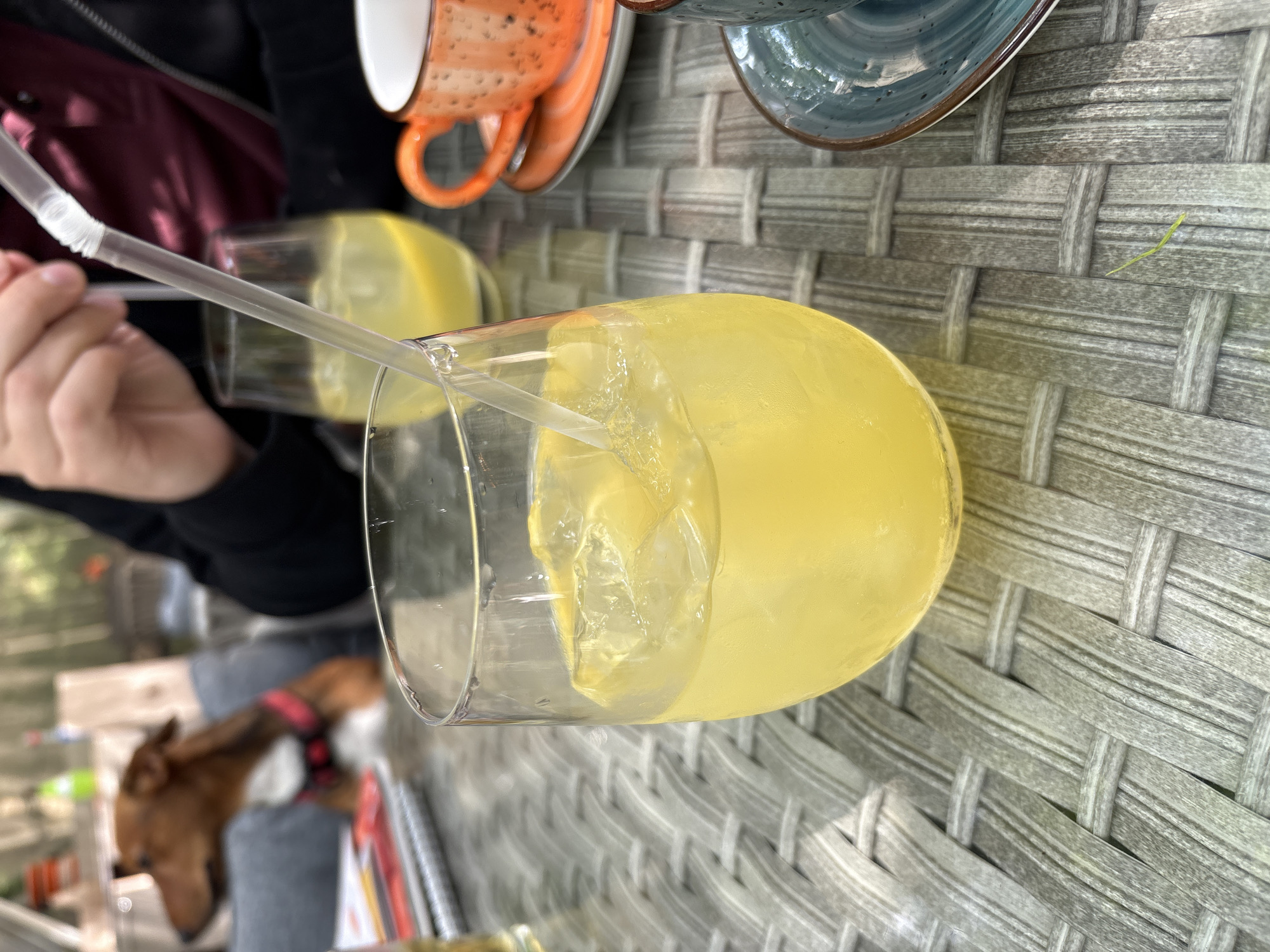 A person's hand is visible in the upper left, holding a clear plastic straw that extends into a tall glass filled with a yellow beverage and ice. The glass is positioned on a woven gray surface, likely a table. In the background, two cups are visible: one orange with a speckled pattern and a blue and white patterned cup. To the lower left, a dog with brown fur and a pink collar is partially visible, lying down. The overall setting appears to be outdoors, possibly on a patio or balcony, given the woven table and the presence of greenery in the blurred background. The lighting suggests it is daytime.