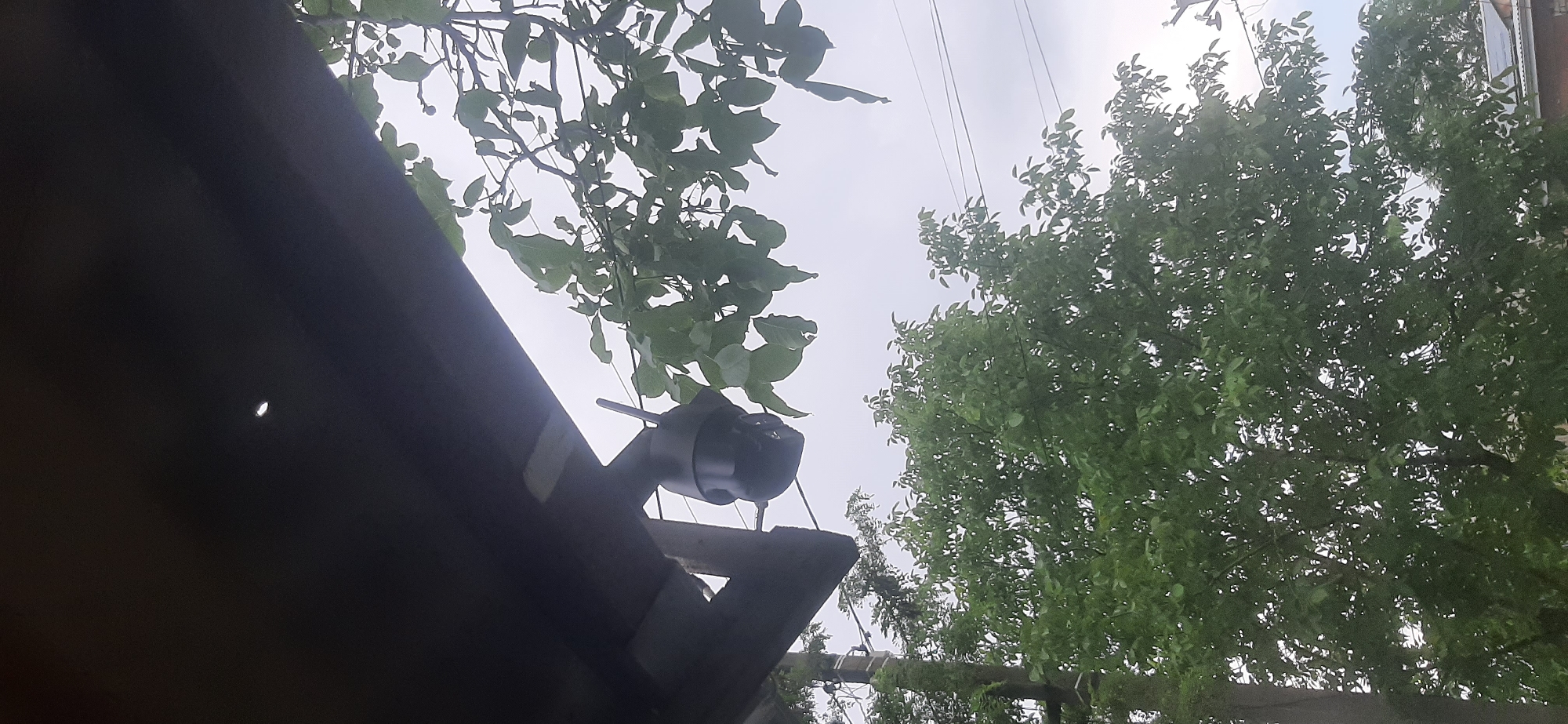 The image shows a close-up, low-angle view looking upwards towards trees and the sky. In the foreground, a dark, angled surface, possibly a roof or overhang, occupies the left side of the frame. Attached to a wooden support beneath this overhang is a black security camera, pointed downwards.
Beyond the immediate foreground, lush green trees with many leaves fill the right and upper portions of the image. The sky is overcast and bright, suggesting daytime but with muted light, possibly indicating cloudy weather. Several thin electrical wires stretch across the sky between the trees.
The scene appears to be outdoors, in a residential or natural area, likely in Yessentukskaya, Russia, given the location context. There are no people visible in the image. The overall mood is natural and somewhat serene, with the focus on the interaction between man-made objects (the camera) and the surrounding greenery. There is no visible text in the image.