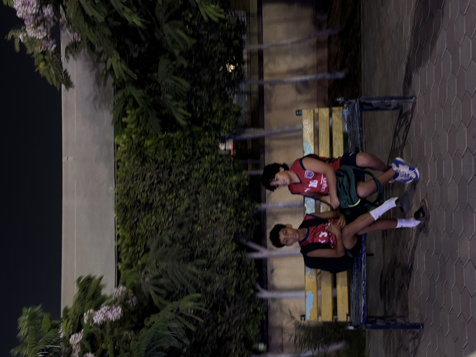 Two young males, appearing to be teenagers, are seated on a park bench at night. The male on the left is wearing a red basketball jersey with the number 13, black shorts, white socks, and dark sandals. He has dark, curly hair and is looking down. The male on the right is wearing a similar red basketball jersey with the number 10, dark shorts, and athletic shoes. He has dark, curly hair and is looking to his left, with his mouth slightly open. A green backpack is placed on the bench between them. The bench itself is made of wood with a blue metal frame. The background features lush green foliage and trees, with a beige wall or building behind them. The ground is paved with hexagonal stones, creating a tessellated pattern. The scene is lit by artificial lighting, casting shadows. The presence of flowering trees in the background, specifically the pinkish-purple blossoms, suggests a location with a mild climate. The overall atmosphere is casual and relaxed, typical of an outdoor public space in the city of 6th of October, Egypt.