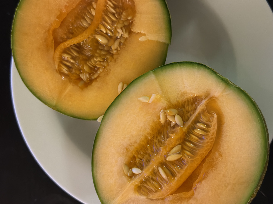 Two cantaloupe halves sit on a light-colored plate. The melons are cut in half, revealing their orange flesh and seed-filled centers. The seeds are small and light-colored. The outer skin of the cantaloupe is a mix of green and tan. The plate is slightly visible against a dark background. The cantaloupes appear ripe and ready to eat.