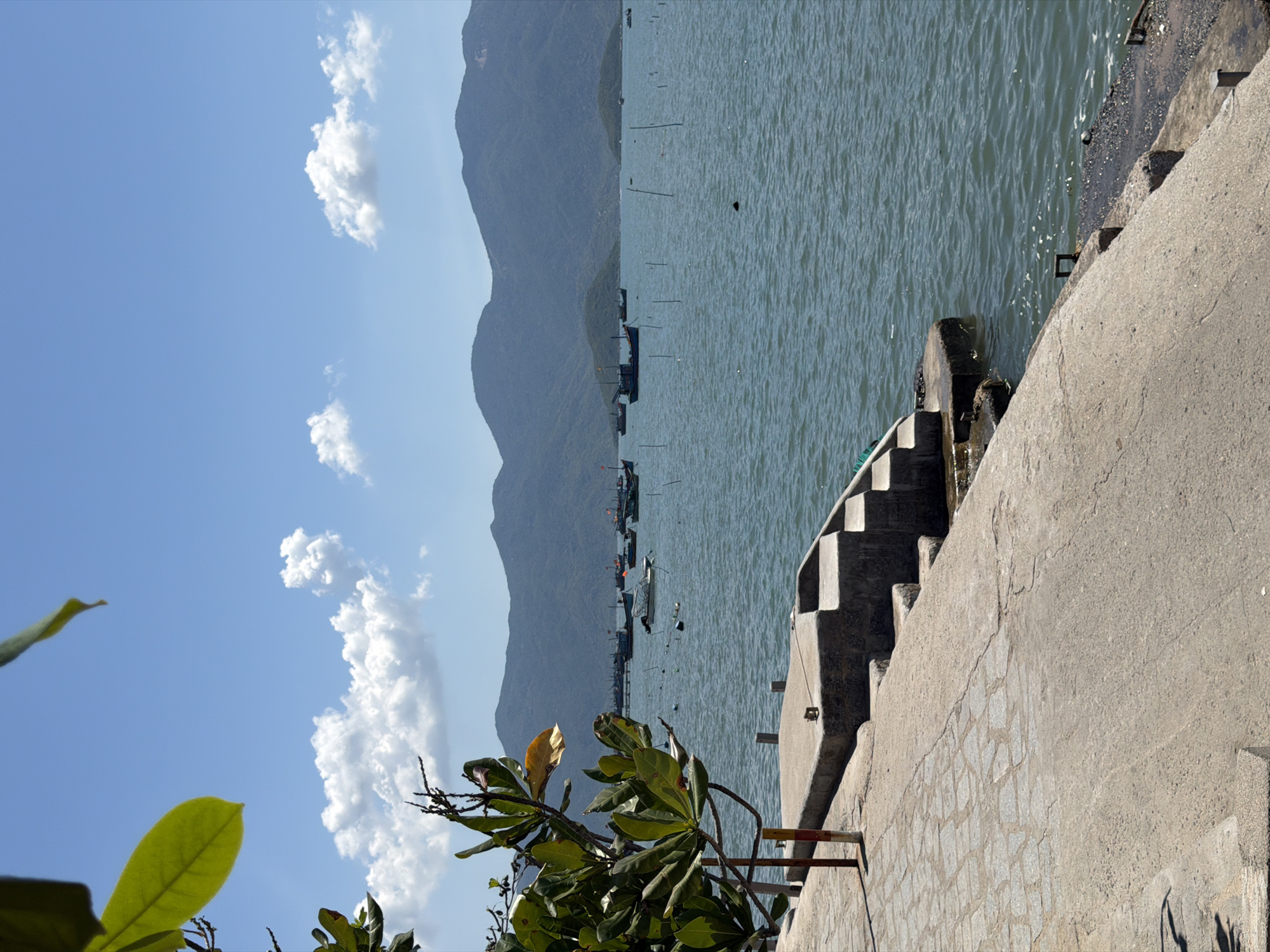 In Ninh Ích, Vietnam, a sun-drenched scene unfolds along a concrete waterfront. In the foreground, a paved walkway with a cobblestone pattern leads towards a set of concrete steps descending to the water. To the left, lush green foliage partially obscures the view, with a single yellowed leaf adding a touch of contrast. The calm, blue water of the bay is dotted with numerous fishing boats, their silhouettes sharp against the hazy blue mountains in the distance. The sky above is a clear, vibrant blue, punctuated by a few scattered white clouds. The overall impression is one of peaceful, coastal life.