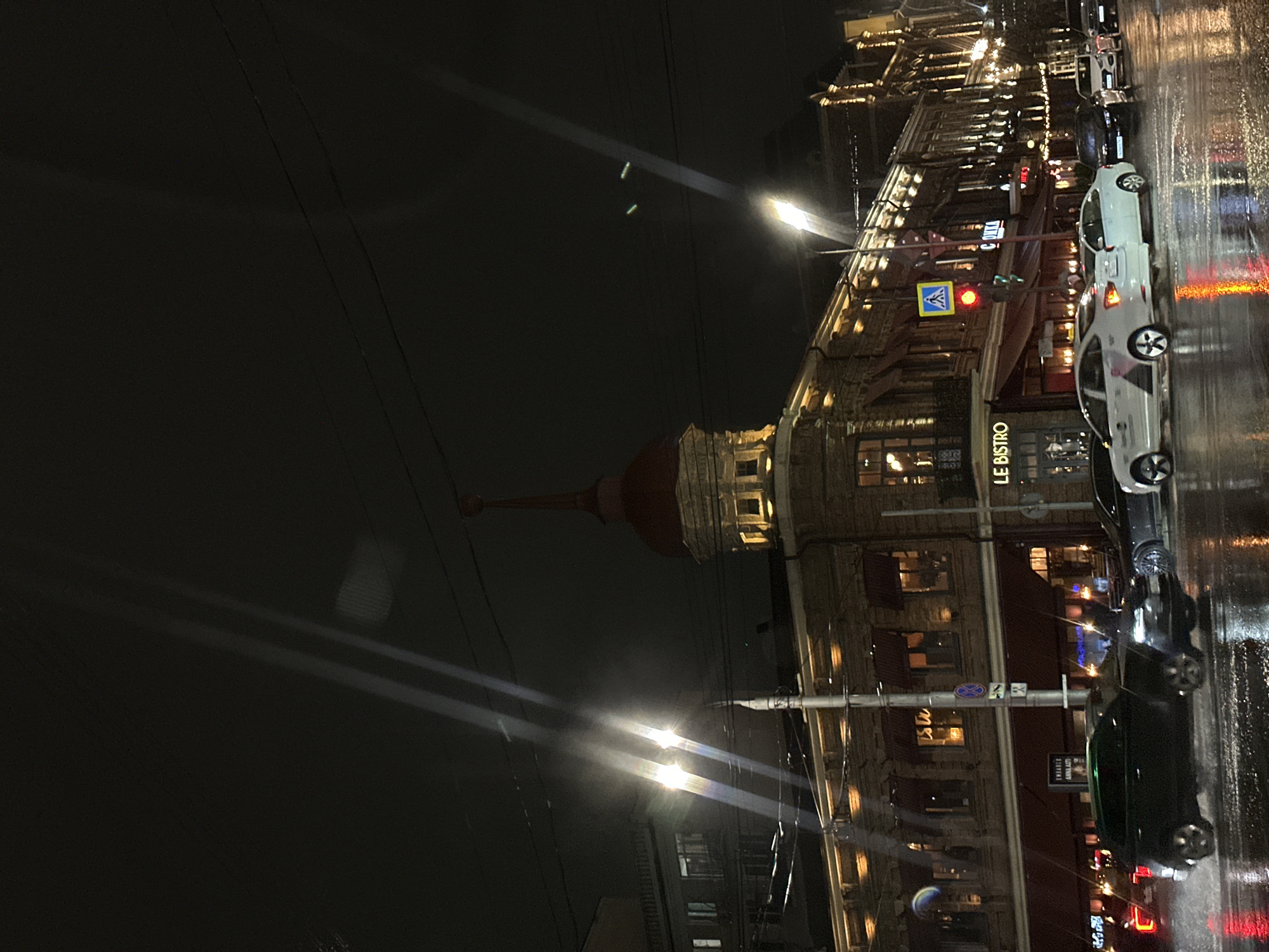 A nighttime exterior shot shows a wet street in Kuleshovka, Russia. The building "LE BISTRO" is visible on the right side of the image. Cars are parked along the street, reflecting the streetlights and building lights. Traffic lights are seen, with one displaying a red light. Wires are strung across the sky, and a domed structure can be seen in the background. The sky is dark, indicating it is night.