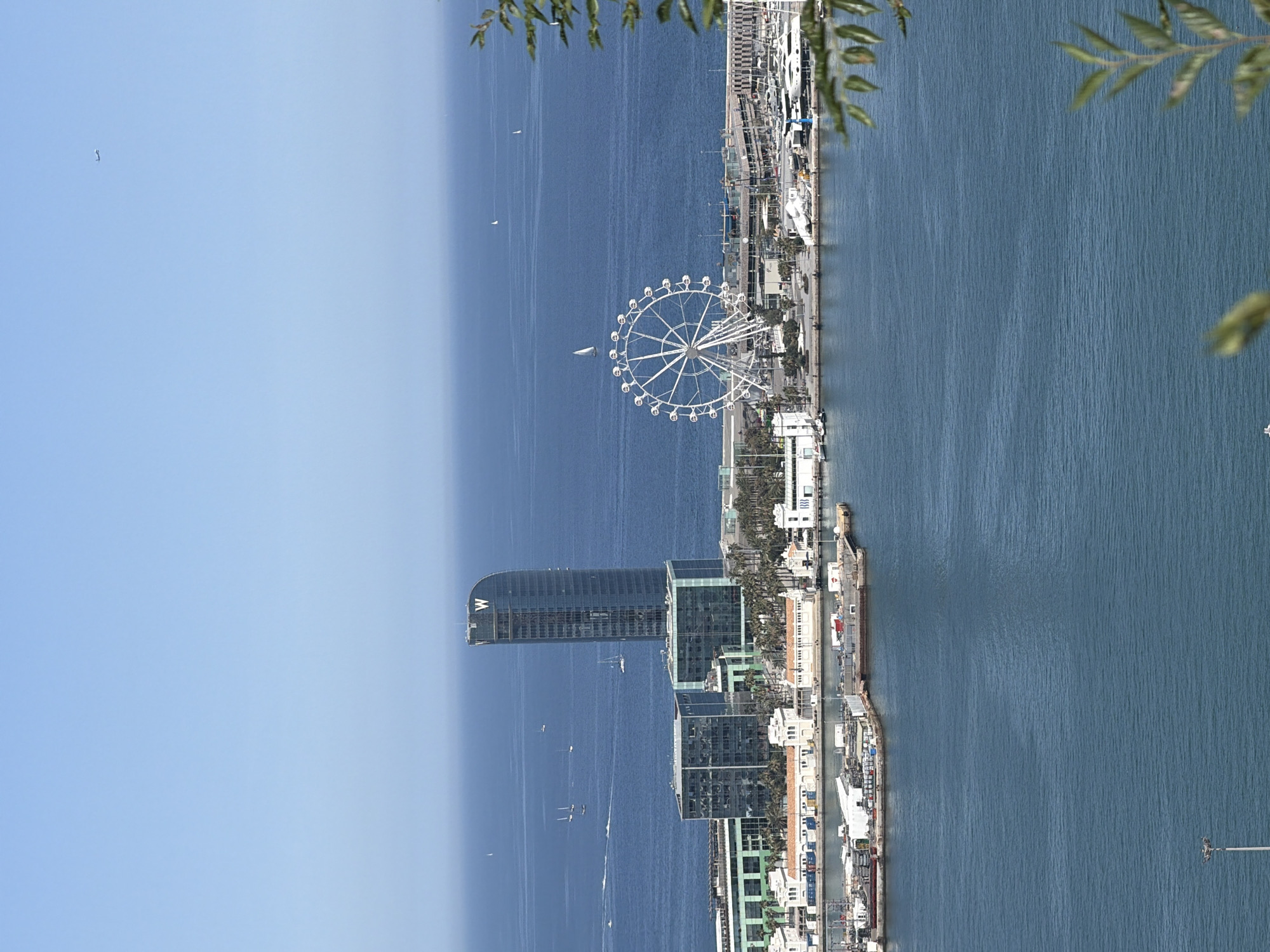 An aerial, slightly elevated, medium shot captures a bustling harbor scene in Barcelona, Spain, under a clear blue sky. The W Barcelona hotel, a distinctive sail-shaped skyscraper with a prominent "W" logo, stands tall on the left, dominating the skyline. Adjacent to it are two modern, glass-fronted buildings. A large white Ferris wheel is a prominent feature on the right side of the image, with several sailboats dotting the deep blue sea. The foreground shows a busy port with various structures, including warehouses and docks, with several boats and yachts moored. Lush green trees frame the right edge of the image, partially obscuring the view and suggesting the vantage point is from a hill or elevated area overlooking the harbor. An airplane is visible in the upper right corner of the sky. The water is calm and reflects the clear sky.