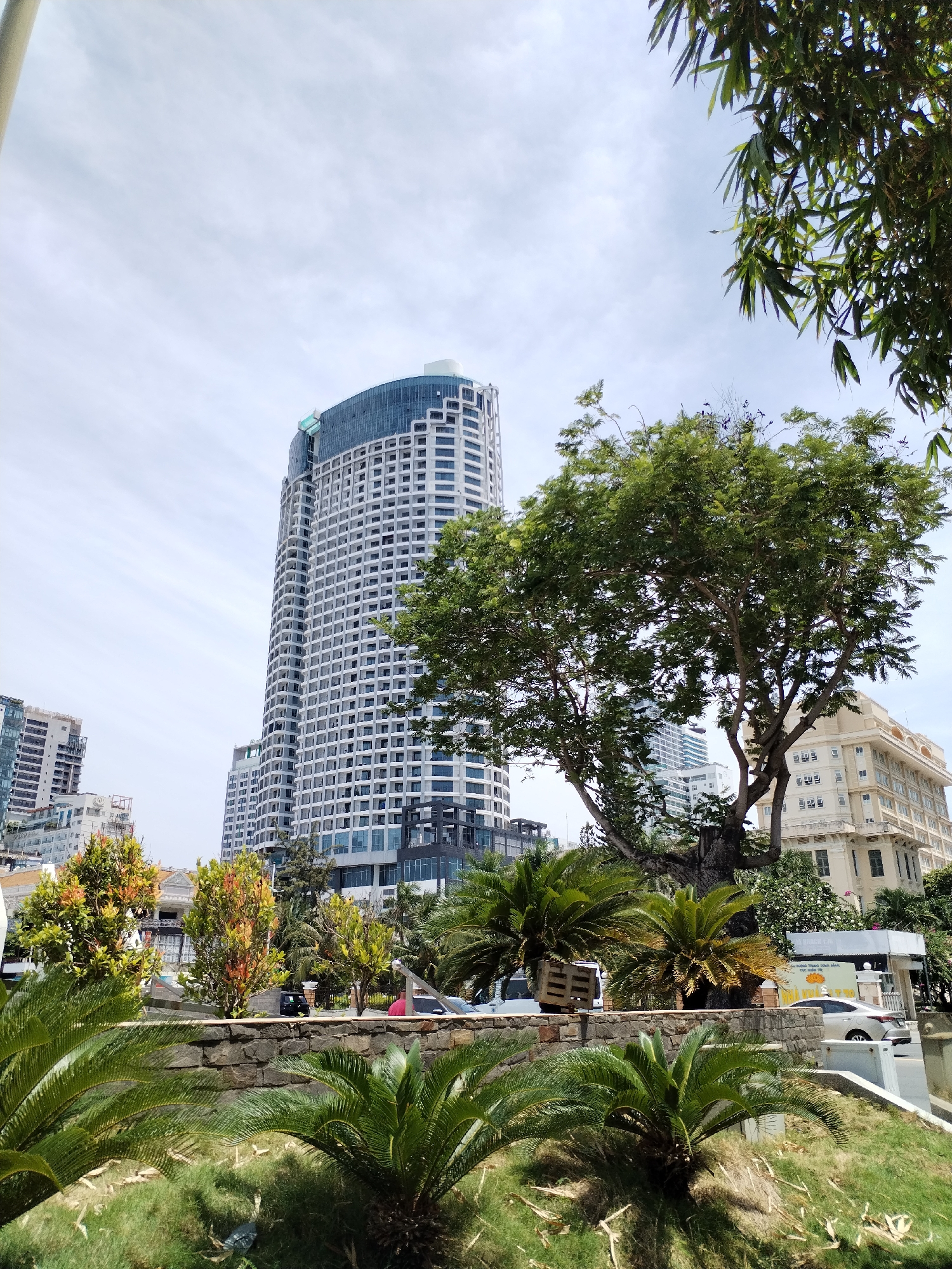 The image shows a daytime view of a modern high-rise building with a curved, glass-fronted top in Nha Trang Ward, Vietnam. The building is surrounded by other buildings, including a light-colored, ornate structure to its right. In the foreground, there is lush green vegetation, including palm trees and grass, and a stone wall. A street with cars is visible behind the wall. The sky is overcast.