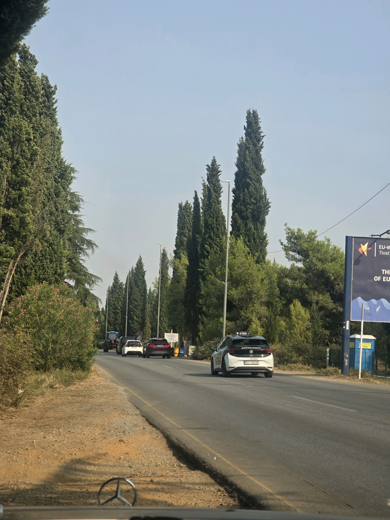 A paved road runs through a tree-lined area in Mojanovići, Montenegro, under a clear blue sky. On the left side of the road, a dirt shoulder is visible, bordered by vegetation and flowering bushes. Tall, slender evergreen trees form a dense line along the right side of the road. Several vehicles are traveling on the road, including a blue tractor, a white car, and a dark red SUV. A white and black electric vehicle with "e-tax" signage is in the foreground on the right, followed by a blue portable toilet and a large billboard advertising "EU-Wing Tivat" and "THE PORT OF EU." The image appears to be taken from inside another vehicle, with the top of a car's hood and a Mercedes-Benz logo visible at the bottom.