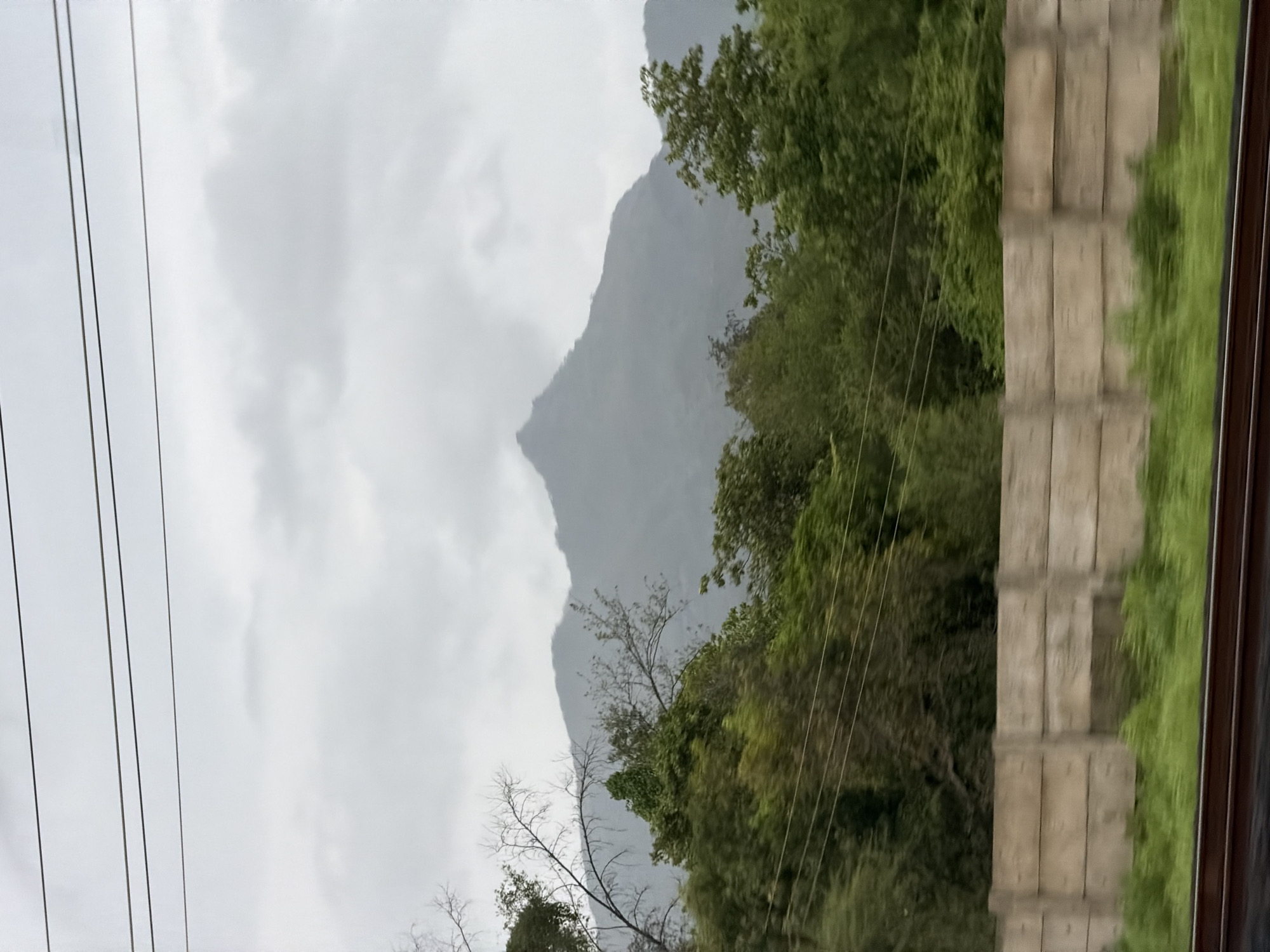 A horizontal, eye-level shot captures a natural landscape with a mountain range in the distance, viewed from a moving vehicle, possibly a train given the tracks at the bottom. The sky is overcast and gray. Three parallel power lines stretch horizontally across the upper portion of the image.
In the mid-ground, a dense line of green trees and foliage forms a barrier. Some of the trees are bare and skeletal, contrasting with the lush greenery. Behind the trees, the imposing mountain range dominates the background. The mountains are covered in a muted green and brown, with their peaks shrouded in mist or clouds, making them appear hazy and distant.
In the foreground, a concrete barrier, likely a retaining wall or a boundary fence, runs horizontally across the image. This barrier is composed of rectangular concrete segments. Below the barrier, a strip of vibrant green grass and other vegetation is visible. At the very bottom of the frame, a section of railway tracks, dark brown in color, is present, indicating the perspective of the viewer.
The overall impression is a moody, slightly blurred scene of natural scenery as viewed from a journey. The limited visibility of the mountain peaks suggests either distance or inclement weather. The image does not contain any people or any specific identifiable landmarks within Palghar, India.