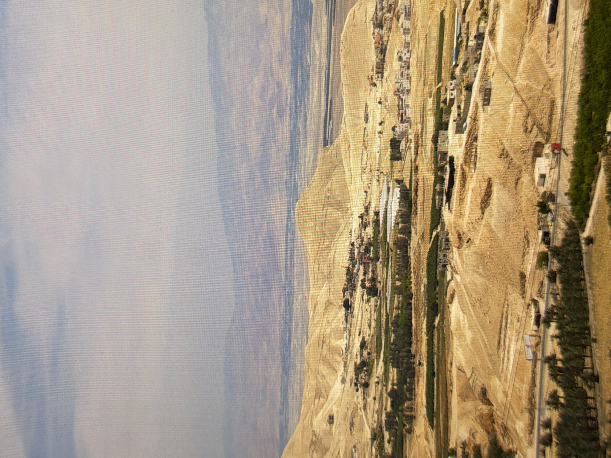 This is a high-angle, wide shot of a desert landscape with a settlement and agricultural areas. The foreground shows a road with palm trees and greenery. Beyond the road are fields with varying shades of green and brown, some appearing to be cultivated. Scattered throughout the landscape are buildings, ranging from small, individual structures to a cluster of more densely packed houses. The terrain is characterized by rolling, sandy hills, with the furthest hills fading into a hazy, mountainous horizon. The sky is overcast with a pale blue and gray tone. There is no identifiable indication of the location being in Kyiv, Ukraine; the environment is distinctly arid and consistent with a desert region. There are no visible people in the image.