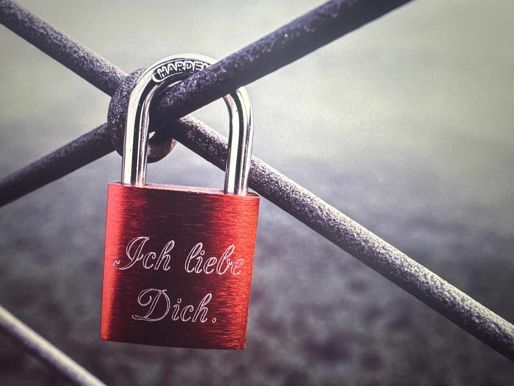 The image displays a close-up view of a red heart-shaped padlock attached to a metal railing. The padlock has the inscription "Ich liebe Dich" (I love you) etched on its surface in an elegant script. The railing appears to be part of a bridge or a similar structure, with a blurred background suggesting an outdoor urban environment. The lighting is soft, casting subtle shadows and highlighting the metallic sheen of the padlock and railing. The image's context of being located in Bryansk, Russia, is a significant detail that provides a geographical anchor to the scene, though there are no explicit visual cues within the image itself to confirm this location.