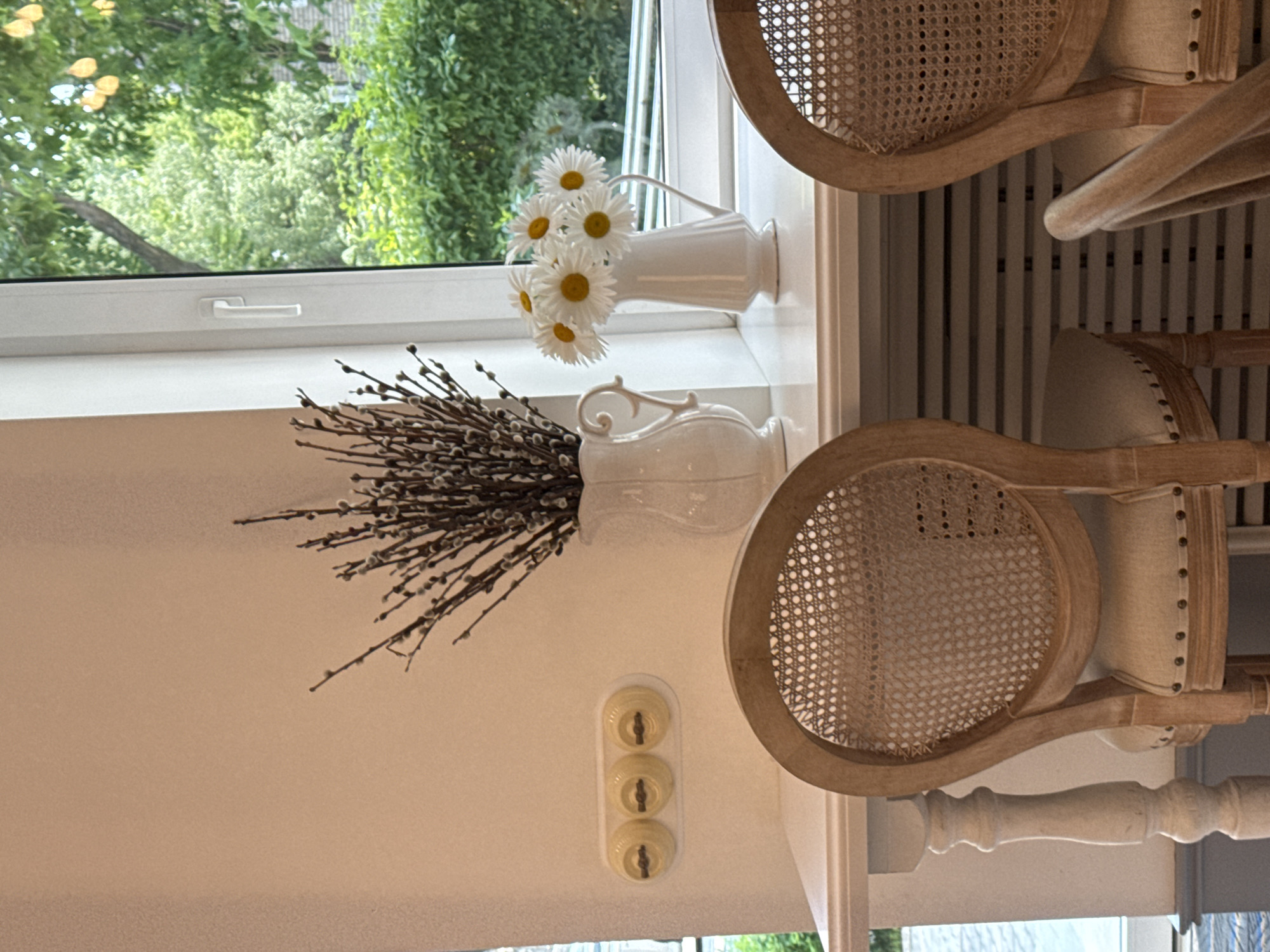 The image shows a close-up view of a cafe interior in Ussurijsk, Russia. The scene features a white windowsill with two white ceramic pitchers. The pitcher on the left holds a bundle of dried branches with fuzzy buds, possibly pussy willows. The pitcher on the right contains a bouquet of white daisies with yellow centers. Behind the pitchers, a window looks out onto lush green trees and foliage. In the foreground, two light-colored chairs with woven cane backs and upholstered seats are visible, suggesting a seating area. The chairs are made of light-colored wood and appear to be antique or vintage in style. A white wall with three cream-colored light switches is mounted to the left of the windowsill. The overall ambiance is bright and airy, with natural light streaming through the window.
