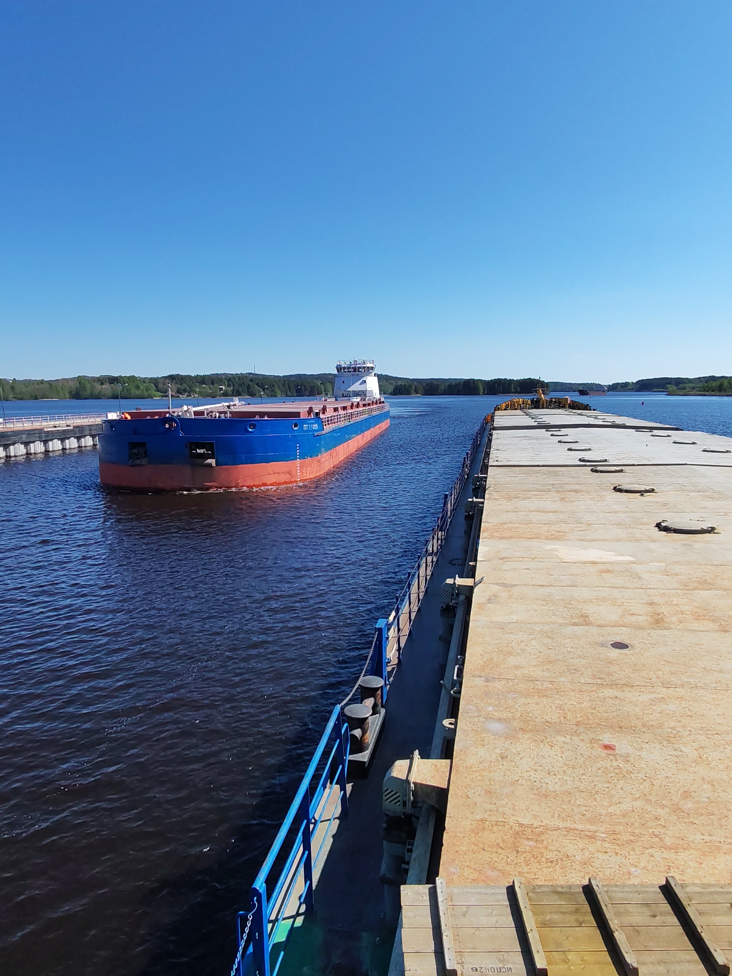 A long, blue-and-red freighter passes through a waterway or canal, situated on a bright, sunny day under a clear, deep-blue sky. The freighter is heading away from the viewpoint, which seems to be from another boat, possibly a barge, its deck a light beige with dark circular markings. A blue metal railing borders the edge of the viewpoint boat, separating it from the water. Green trees and foliage line the distant shores of the waterway, suggesting a natural setting near or on the outskirts of a city. The specific location is Белоусово, Russia, which is not discernible from the image itself but is provided as supplemental information.