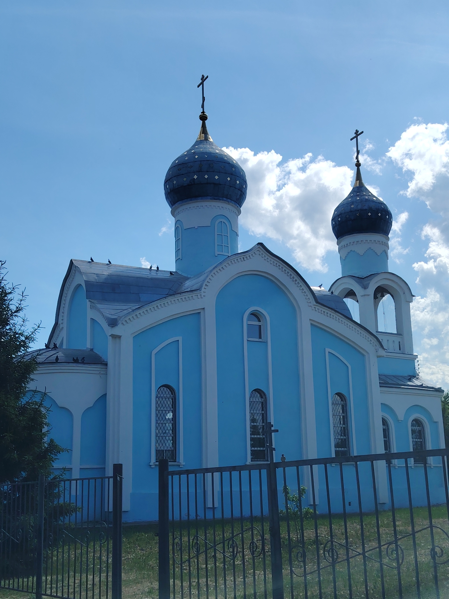 A bright blue orthodox church with white trim stands under a partly cloudy blue sky. The church has a large central dome and a smaller dome on a bell tower. Both domes are topped with crosses. There are several pigeons on the roof of the church. A black metal fence is in the foreground of the image, and a tree is visible on the left side. The church is located in the city of Unknown, Unknown.