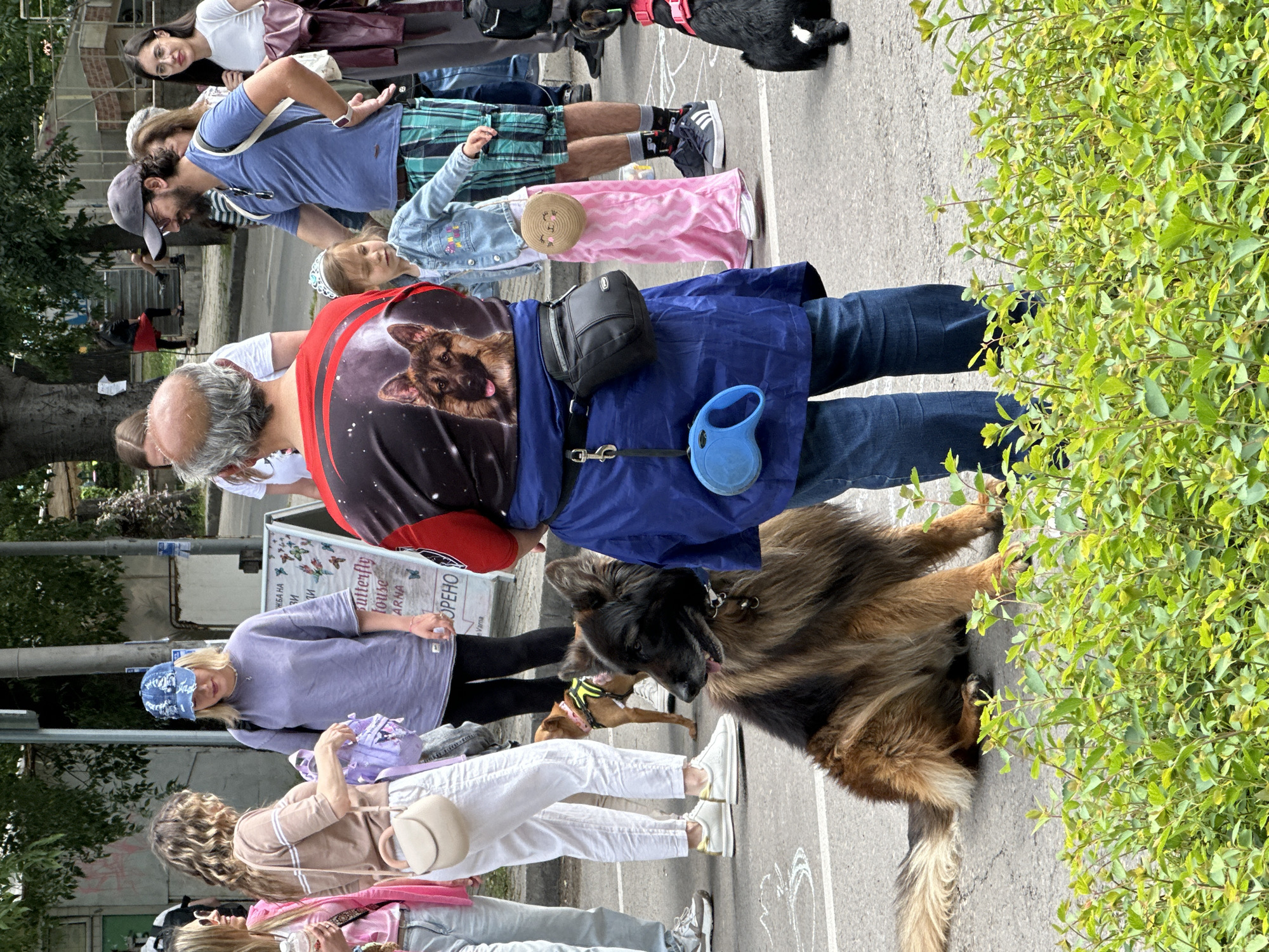 The image shows a group of people standing outdoors in Varna, Bulgaria. A large, brown and black dog is lying on the ground near a bush, while a smaller dog is standing nearby. The people are wearing a variety of clothing, including t-shirts, jeans, and skirts. One person is wearing a t-shirt with a picture of a German Shepherd dog on it. Some of the people are holding leashes, suggesting they are walking their dogs. A sign nearby mentions "Butterfly House Varna." The area appears to be a sidewalk or paved area in an urban environment.