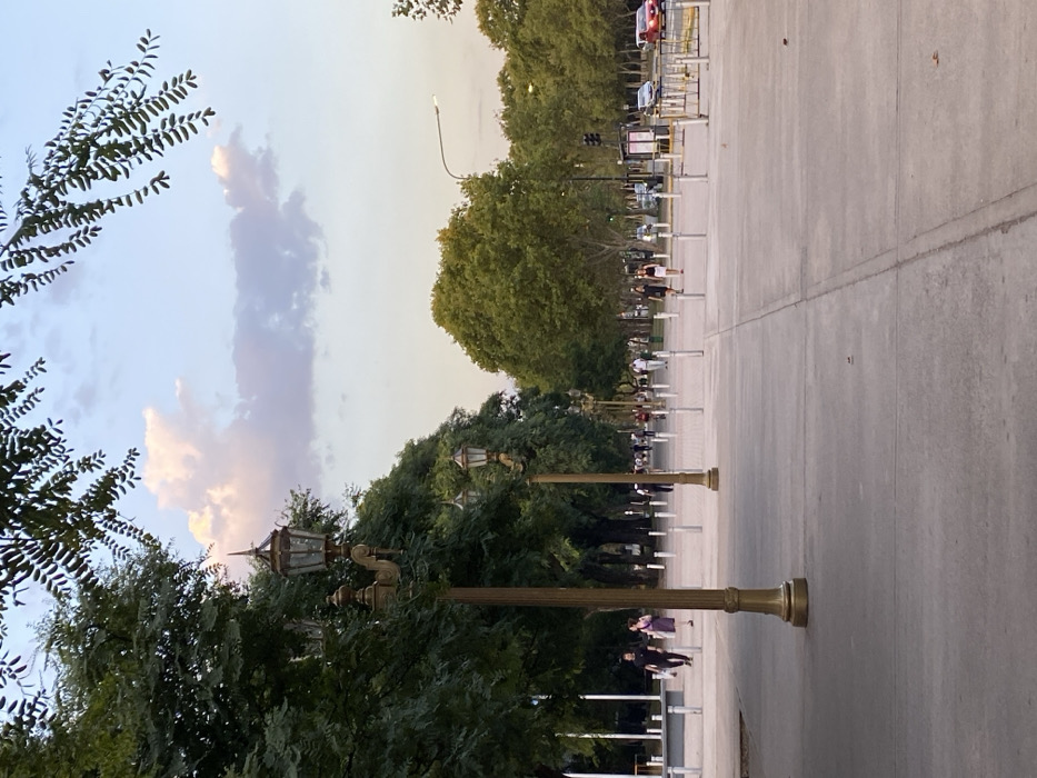 This image depicts a wide, tree-lined urban promenade, consistent with **Avenida Figueroa Alcorta or Avenida del Libertador in the Recoleta/Palermo neighborhoods of Buenos Aires, Argentina**. The scene is captured in the late afternoon or early evening under a light blue sky with scattered, pale pink and white cumulus clouds.
The primary subject is a broad, light grey concrete or paved promenade that extends into the distance, visually bisected by a faint central line. Along the left edge of the promenade, a series of at least four ornate, bronze-colored lampposts with twin lanterns and decorative finials are positioned, receding in perspective. Numerous short, white cylindrical bollards are systematically arranged in rows down the center and sides of the promenade, acting as dividers or barriers.
The promenade is bordered on both sides by dense rows of mature trees featuring dark green foliage. In the far right background, beyond a line of trees, a multi-lane asphalt road with active vehicular traffic is visible, including at least one red car. A modern streetlight with a rectangular fixture and a traffic signal pole are also present near the road. Approximately 15 to 20 individuals are observed walking along the promenade; most are solitary or in pairs. Notable figures include a male in a dark shirt and pants walking left in the mid-ground, a female in a light purple dress walking right, and two females in dark and light dresses walking together further down the promenade on the right. Deciduous tree branches partially obscure the upper left quadrant of the frame.