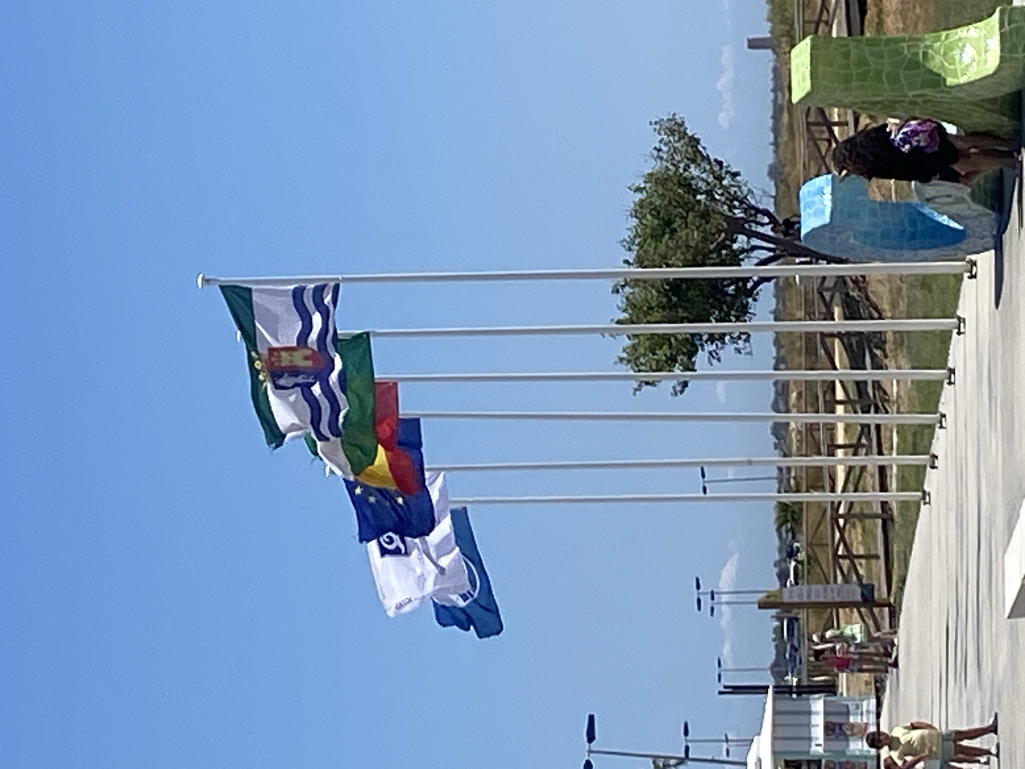 The image depicts a bright, sunny day in Conil de la Frontera, Spain, with a clear blue sky serving as the backdrop. Several flags are prominently displayed on tall white poles, fluttering in the breeze. The flags appear to be of different designs and possibly represent various entities or regions. In the foreground, a paved walkway is visible, with a few individuals walking and standing. To the left of the walkway, a small kiosk-like structure is present. Further in the background, there is a wooden boardwalk and a sparse, dry landscape with some trees and distant structures. The overall scene suggests an outdoor recreational area or a public space with international or regional representation.