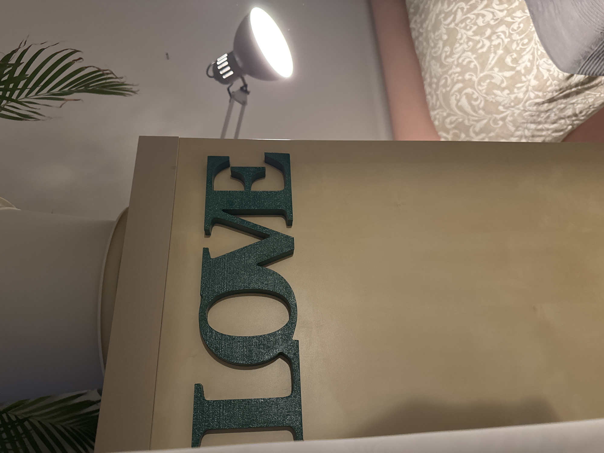This image depicts a close-up view of the word "LOVE" in large, dark green, three-dimensional letters mounted on a plain, light beige wall. The letters appear to be made of wood or a similar material with a textured finish. To the right of the word "LOVE," a black, articulated desk lamp is clamped to the edge of what appears to be a shelf or piece of furniture, and its bright white bulb is illuminated, casting a glow on the wall and ceiling. In the background, a portion of a bed with a patterned pillow and a gray striped blanket is visible. There are also some green palm fronds hanging into the frame from above, suggesting the presence of indoor plants. The overall lighting suggests it might be evening or a dimly lit room. The image does not contain any recognizable landmarks or elements that would allow for specific identification of the location within Saint Petersburg, Russia.