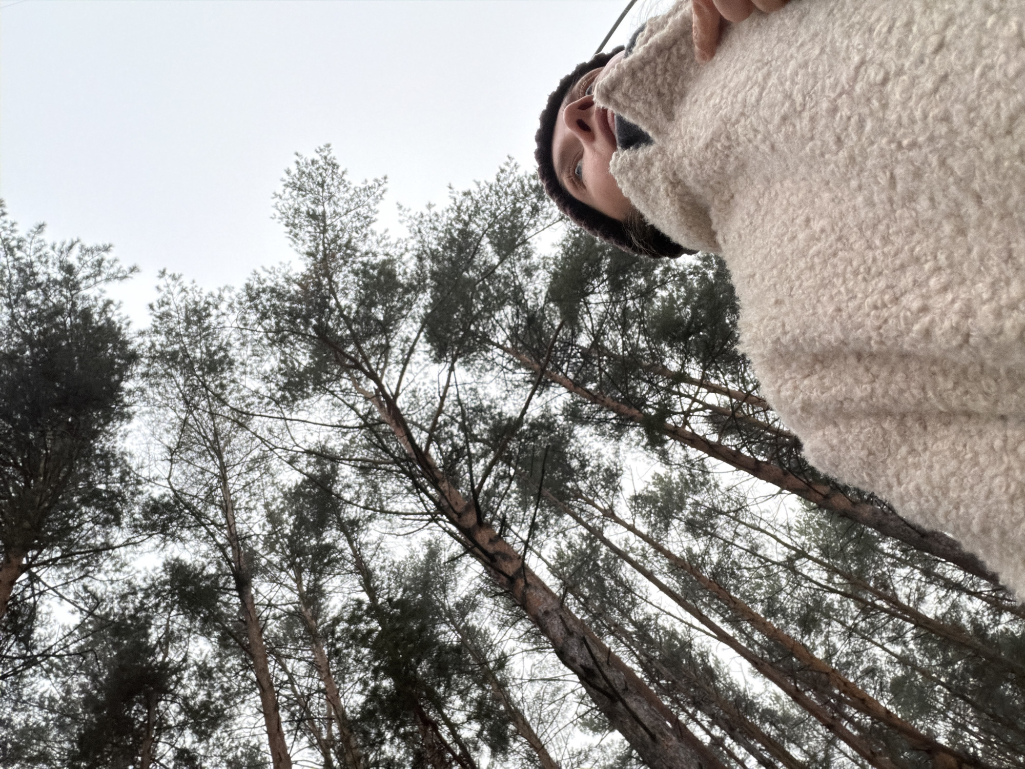 A low-angle shot looks up through bare pine trees in a forest at a person wearing a brown beanie and a tan, fleece-like jacket. The sky is overcast. The location is Chaikovsky, Russia.