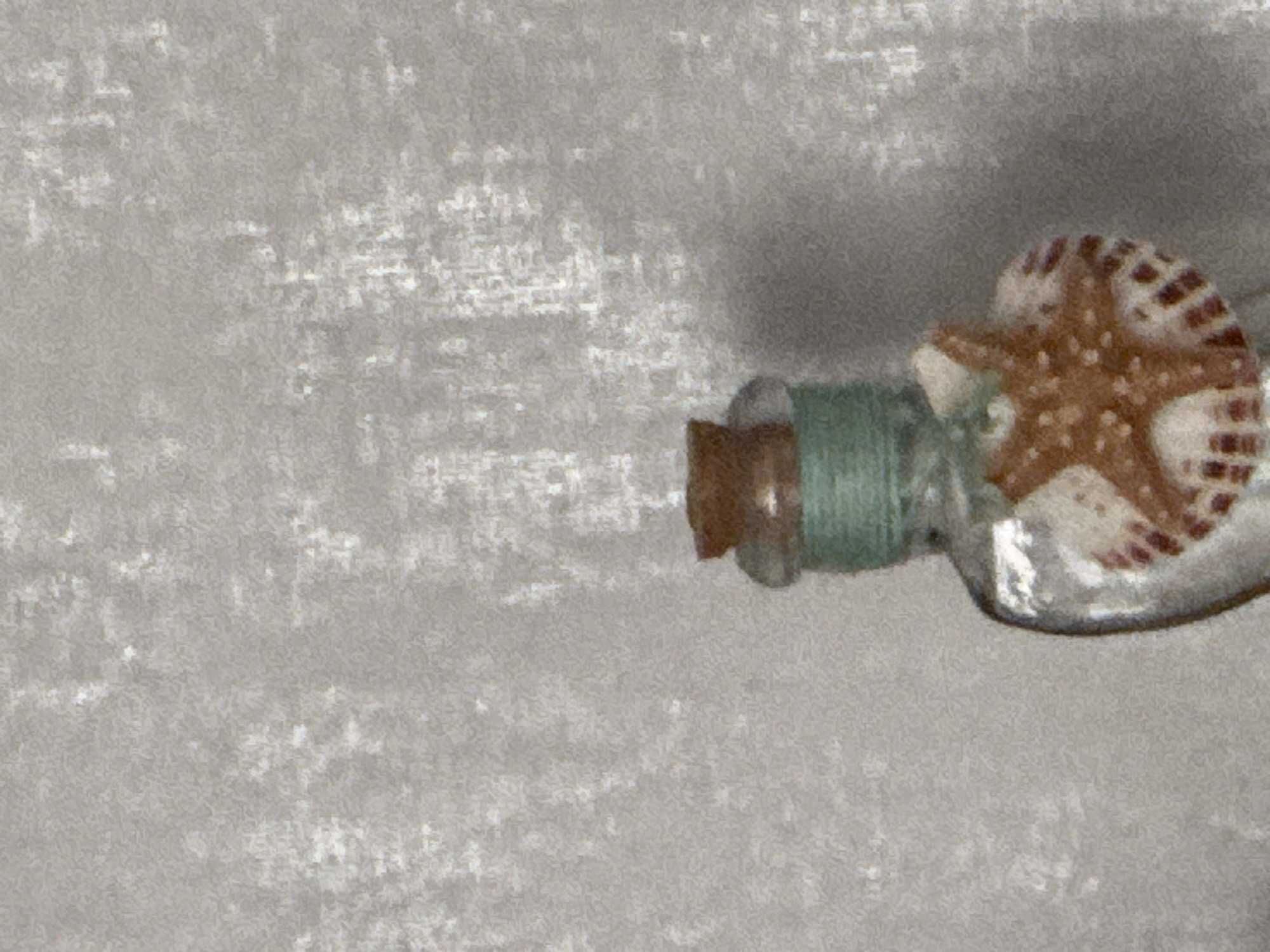 A close-up, artistic-style image depicts a small glass bottle with a cork stopper and a starfish attached. The bottle has green twine wrapped around its neck. The starfish, brown and white, is positioned on the rounded end of the bottle. The bottle sits on a textured, neutral-colored surface. The location is not discernible from the image.