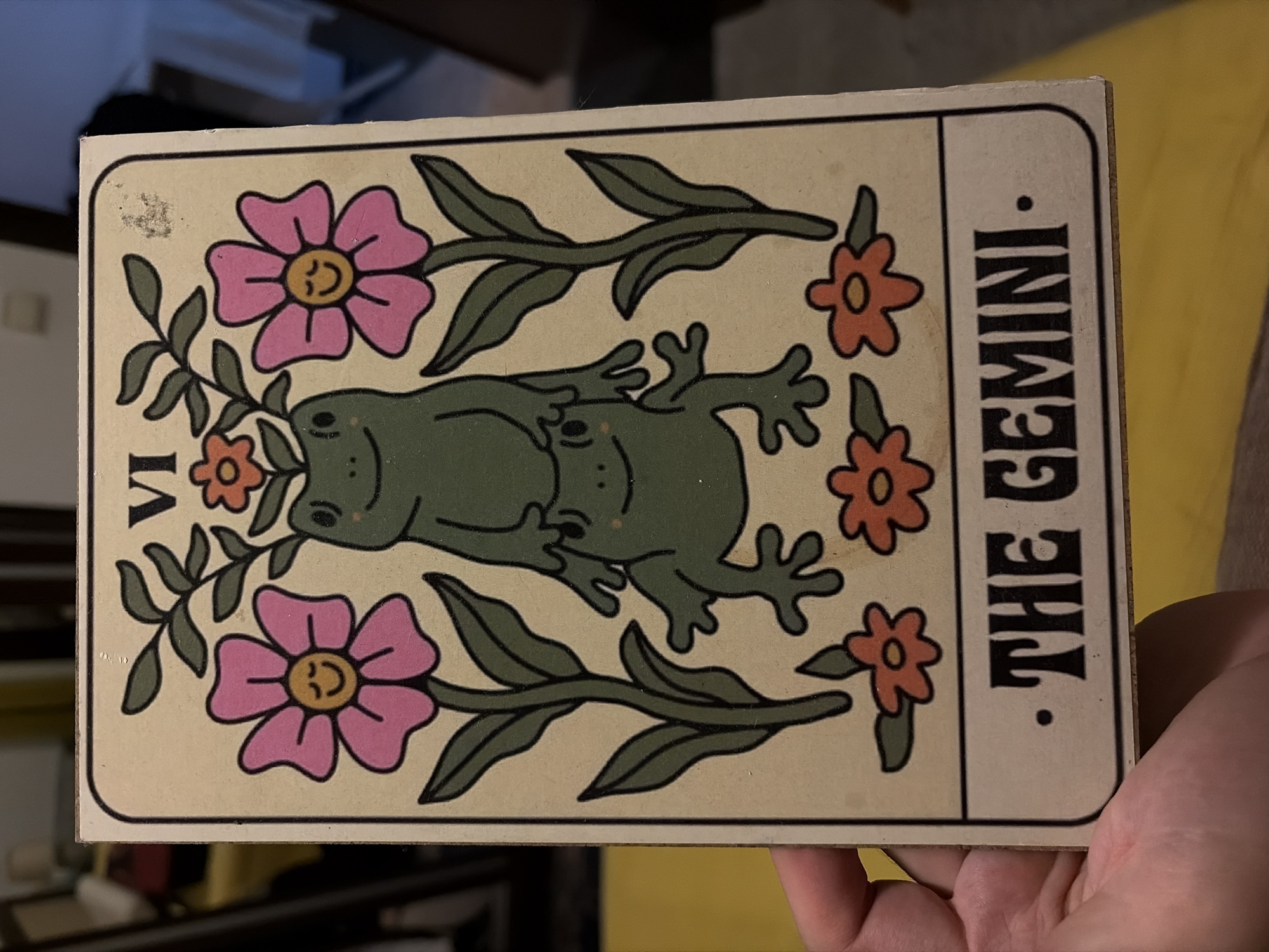 The image shows a tarot card depicting the Gemini zodiac sign. The card has a retro, illustrative style with a light beige background. Two green frogs are lying on their backs in the center of the card, surrounded by stylized flowers and foliage. The flowers are pink with yellow centers and orange with yellow centers. The Roman numeral "VI" is displayed on the left side. On the right side, the words "THE GEMINI" are printed in a bold, sans-serif font. The card appears to be held by a person's hand. The background suggests an indoor setting. No elements in the image provide information regarding the location in the city of Budva, Montenegro.