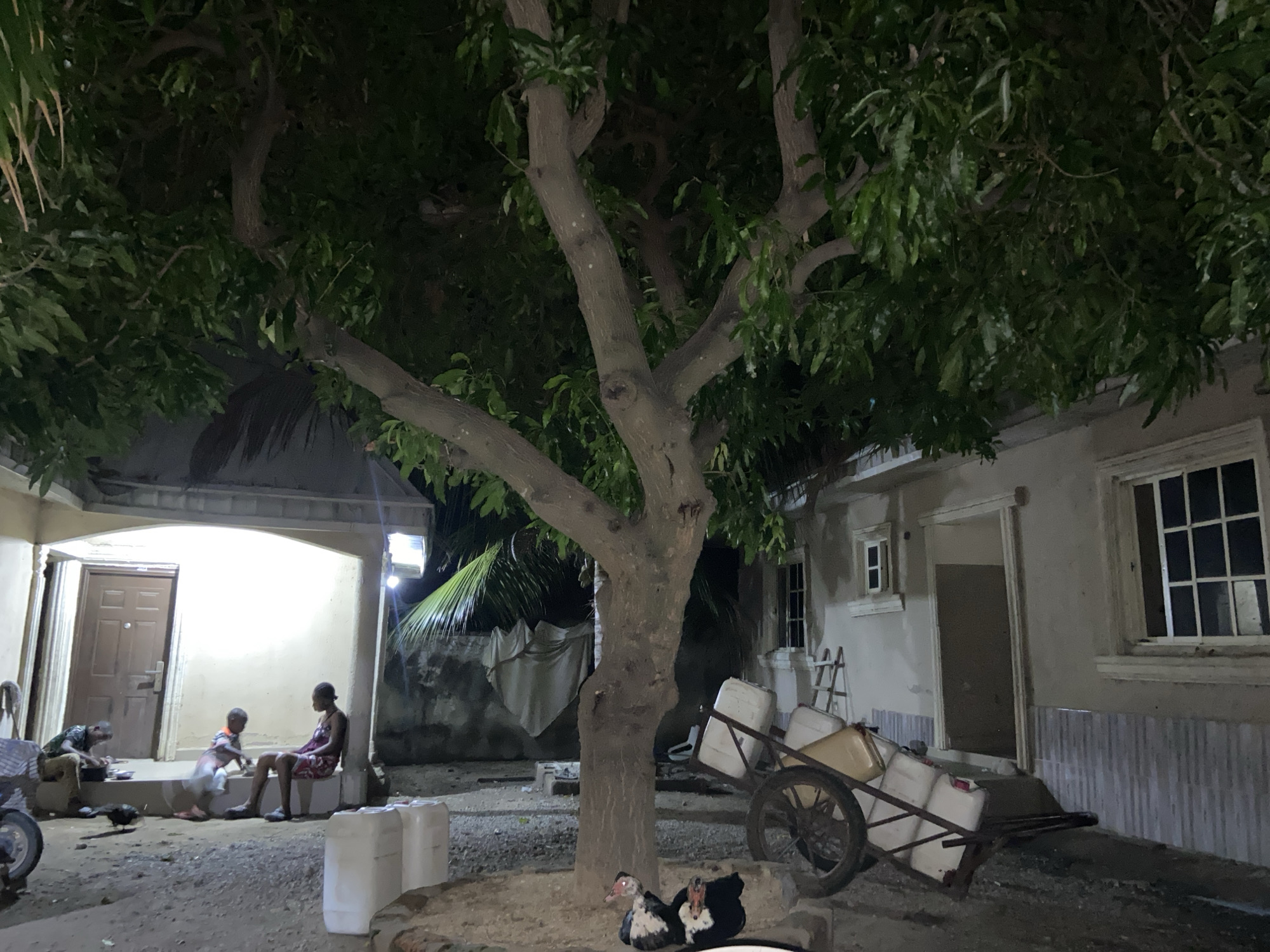 The image depicts an outdoor scene at night in Mararaba, Nigeria. A large tree dominates the center of the frame, with its branches extending over the buildings. Three people are sitting near a well-lit doorway of a building on the left. A two-wheeled cart loaded with white and yellow containers sits next to another building. Two ducks are present at the base of the tree. The scene is dimly lit, with light sources emanating from the buildings.