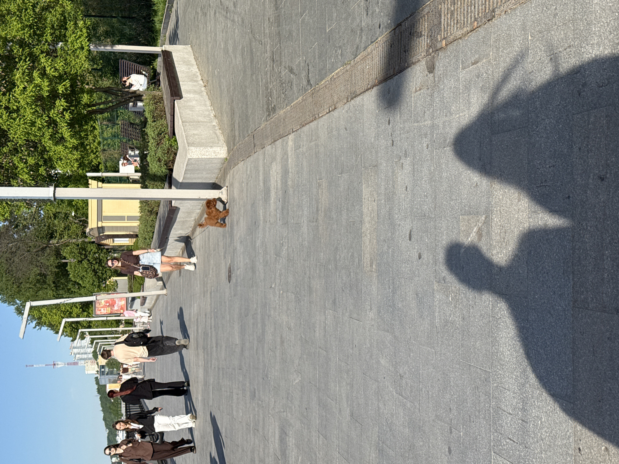 The image shows a paved public space with pedestrians, a dog, and benches. People are walking along the pavement, with one person standing with a dog. The setting appears to be urban, likely a promenade or park area, located in the city of Perm, Russia, due to the architectural style. The weather seems sunny. The shadow of what appears to be a drone is in the upper-right part of the scene.