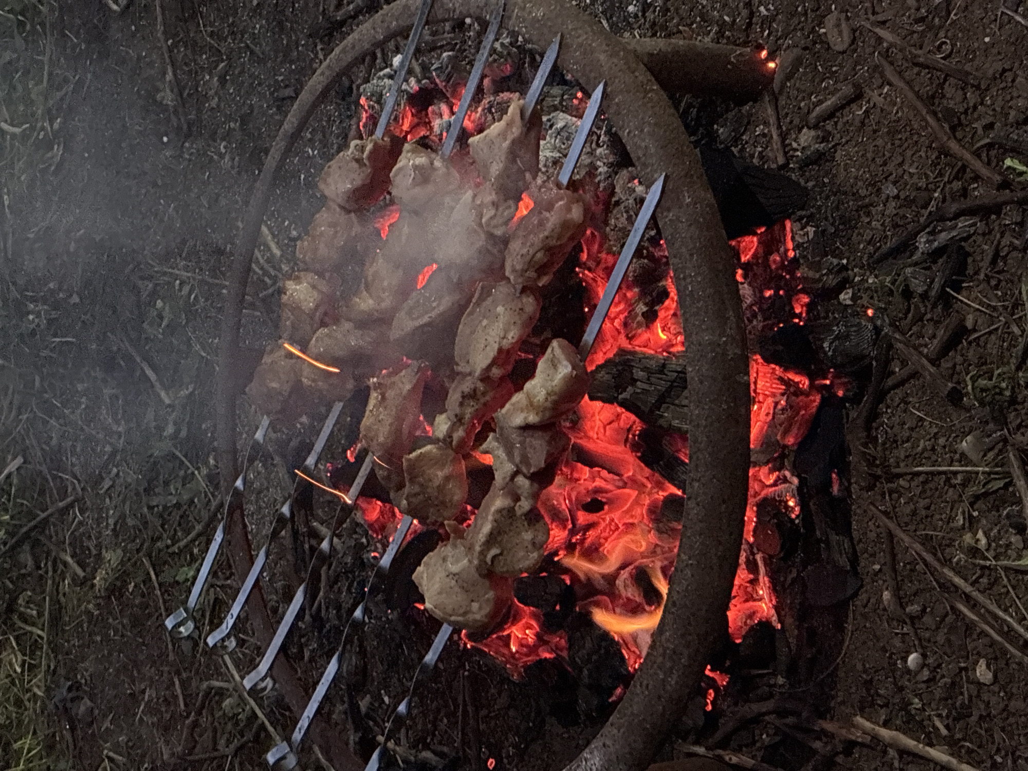 The image depicts several metal skewers laden with pieces of meat, being grilled over a vibrant, glowing bed of hot coals. The coals are contained within a rustic, circular fire pit, possibly made of metal. Smoke wisps upward from the fire. The ground around the fire pit appears to be soil and scattered twigs, suggesting an outdoor setting. The lighting is dim, with the primary illumination coming from the intense red and orange glow of the coals and the small flames licking upwards. The scene suggests a casual outdoor cooking event, perhaps a barbecue or campfire meal, in Surami, Georgia.