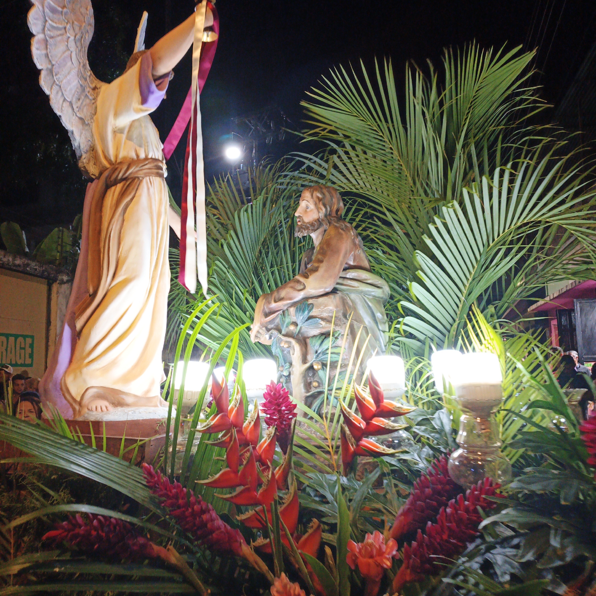 A vibrant religious scene unfolds in Tinaquillo, Venezuela, at night. The tableau features two statues: an angel holding a white and maroon ribbon, and a seated male figure, possibly depicting Jesus, positioned amidst lush greenery including palm fronds, red heliconia flowers, and ginger plants. Lit candles are placed strategically. The background shows hints of buildings and people, suggesting a public procession or display.