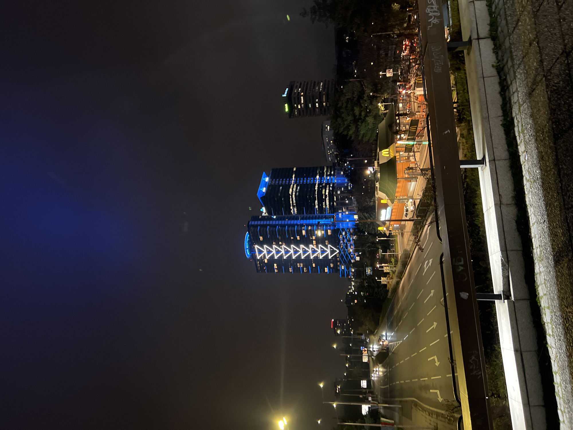 The image captures an urban night scene in Sofia, Bulgaria, looking northeast towards the Capital Fort complex from an elevated vantage point, likely an overpass above Tsarigradsko Shose Boulevard. The sky is dark and uniformly overcast.
In the foreground, a dark brown metal railing, exhibiting light-colored graffiti, spans the lower portion of the frame, resting on a light grey concrete barrier. Sparse green vegetation is visible immediately below this barrier. The ground surface nearest the viewer is a dark, uneven pavement.
A wide, multi-lane arterial road, appearing damp or wet, curves from the lower-left to the center-right of the midground. It is marked with white dashed lane lines and white directional arrows indicating straight travel and a left turn. Numerous vehicles are present on the road, identifiable by their illuminated headlights and taillights, suggesting active traffic. Streetlights line the road, casting bright reflections on the wet surface.
To the right of the road, an operational McDonald's restaurant is brightly illuminated, featuring its distinctive green roof and golden arches logo. Several vehicles are visible within its associated parking or drive-thru area.
The background is dominated by two modern high-rise office buildings belonging to the Capital Fort complex. The taller building on the left is extensively lit with blue exterior lighting and displays a prominent vertical series of white, upward-pointing triangular light patterns along its facade. The adjacent building also features blue illumination. Further to the right, a third, shorter high-rise building is visible with fewer lit windows and a green sign near its roofline. No distinct individuals are discernible in the scene. The environment is actively lit and indicates ongoing vehicular and commercial activity at night.