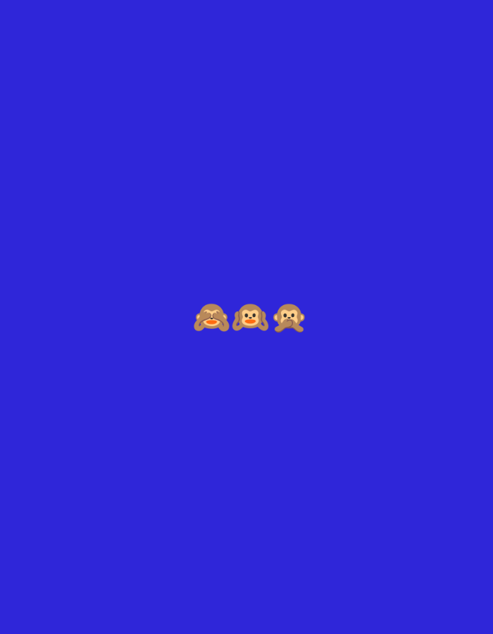 The image displays a minimalist digital graphic set against a solid, vibrant royal blue background. Three monkey emojis are centrally positioned horizontally across the frame. These are the "three wise monkeys," representing the proverb "see no evil, hear no evil, speak no evil."
From left to right, the first monkey emoji (🙈) is depicted with its hands covering its eyes. The second monkey emoji (🙉) has its hands covering its ears. The third monkey emoji (🙊) has its hands covering its mouth. Each monkey is rendered in a cartoonish style with light brown fur, lighter skin on their faces and hands, and small dark eyes.
There are no people, objects other than the emojis, or discernible settings. The scene is static, devoid of any activity or event beyond the symbolic poses of the monkeys. There are no notable details regarding time of day, weather, or specific location cues. No visible text is present in the image. The solid blue background provides no environmental context.