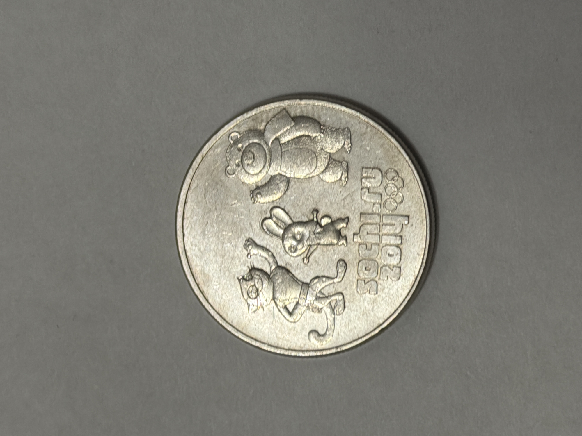The image shows a silver coin, likely commemorative, featuring cartoon-like images of a bear, a rabbit, and a snow leopard. The coin also has the text "sochi.ru" and "2014," indicating it commemorates the 2014 Sochi Winter Olympics. The coin is placed on a plain, gray surface. The image provides no information related to Izhevsk, Russia.