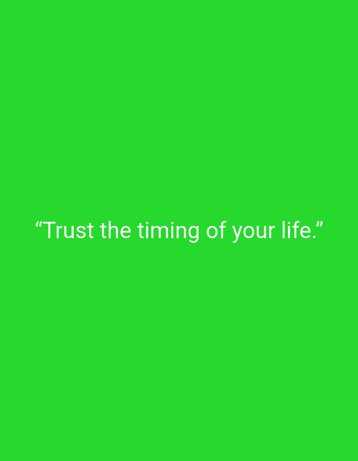 A simple, motivational quote, "Trust the timing of your life," is displayed in white text against a vibrant green background. The text is centered horizontally and positioned in the lower portion of the image. The image does not depict any elements that can be used to identify a specific location in Muara Bulian, Indonesia.
