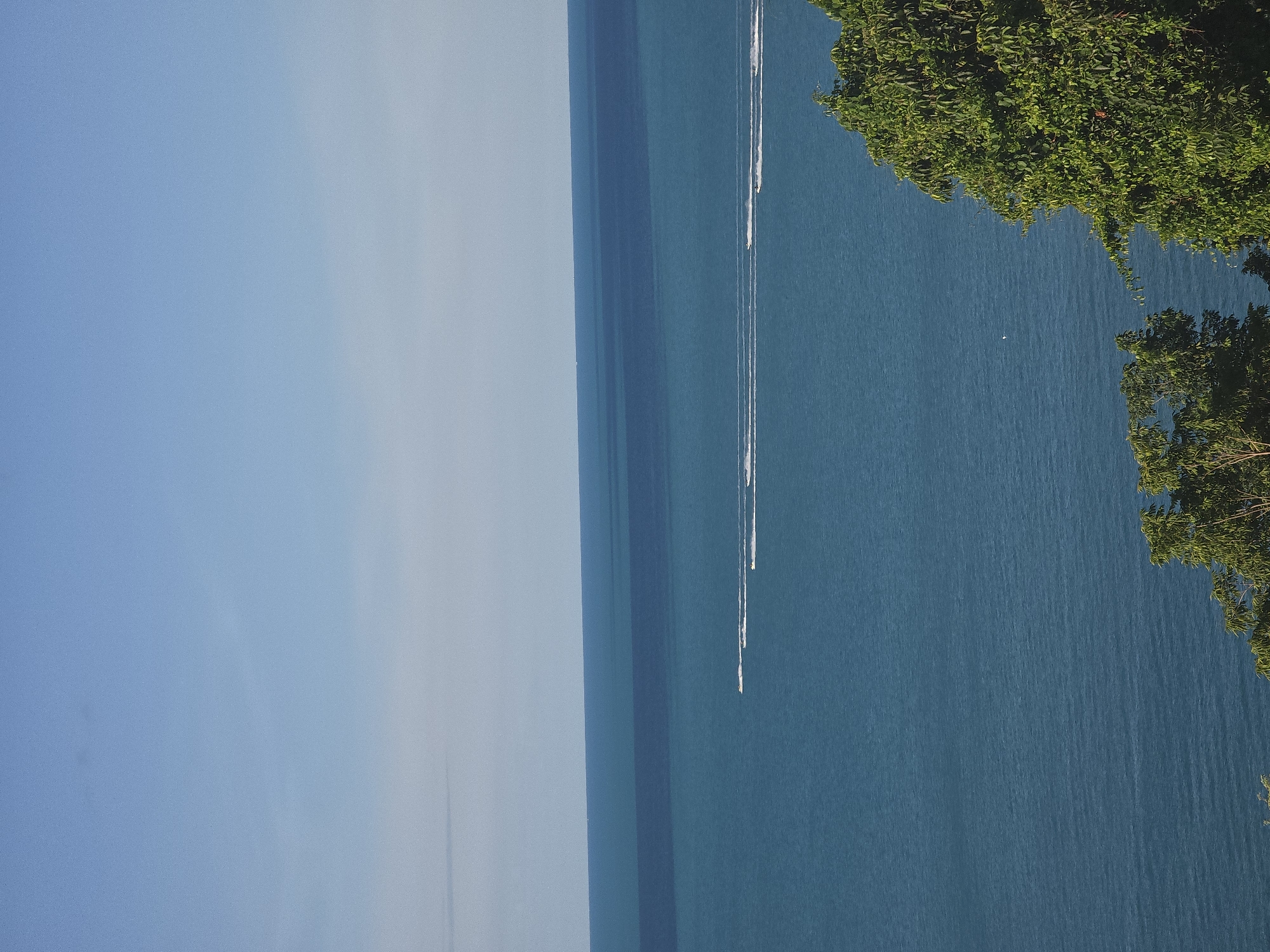 A high-angle, medium shot captures a vast expanse of deep blue ocean under a clear, light blue sky. The horizon line is sharp and defined, separating the water from the sky. In the middle distance, two white watercraft are traveling parallel to the horizon, leaving trails of white spray in their wake. The water exhibits a rippled texture, indicating a gentle wave pattern. In the lower right and lower left corners of the frame, the lush green foliage of trees extends into the scene, partially obscuring the view of the water and sky. The overall impression is one of a serene coastal landscape.