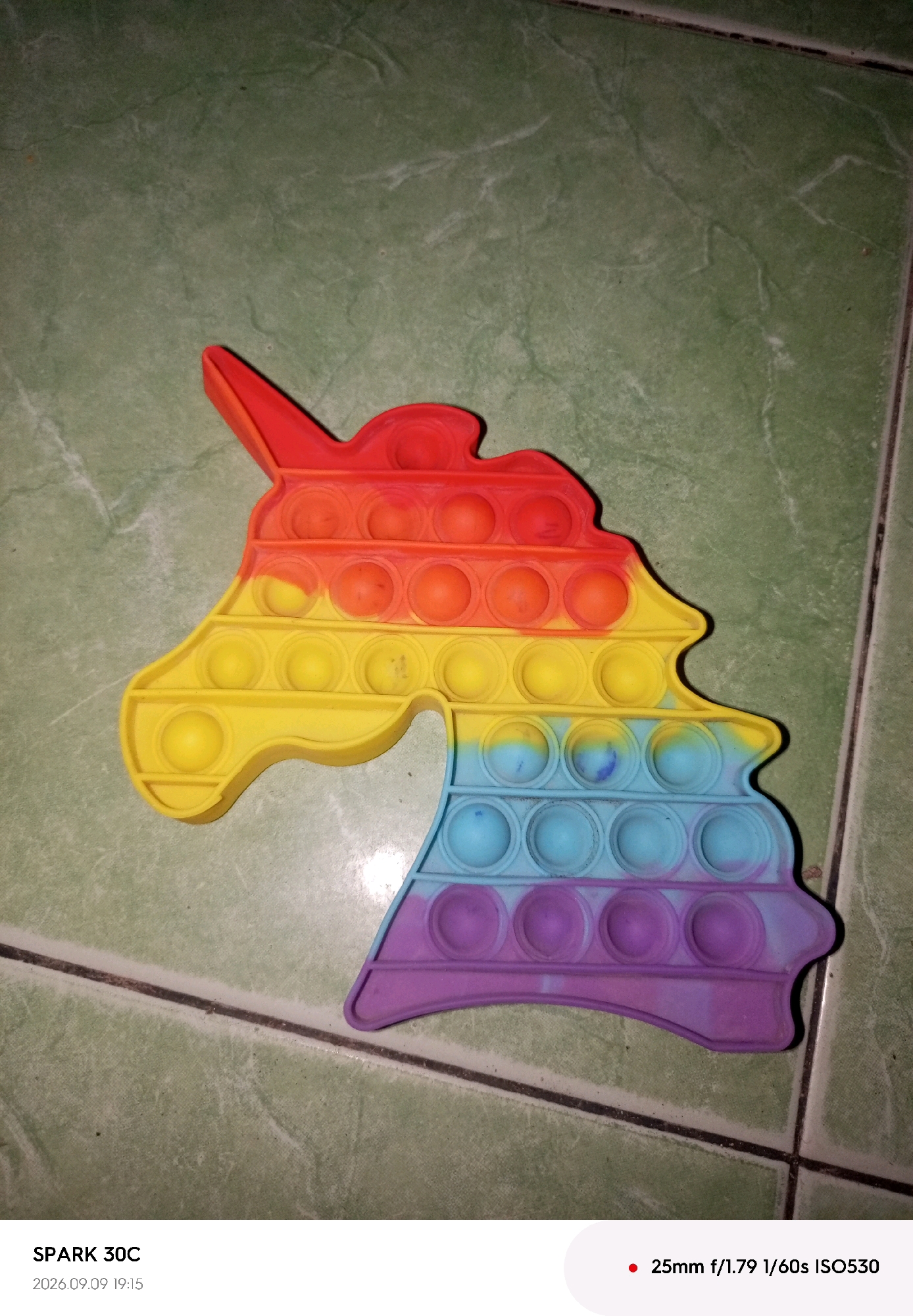 A close-up, top-down shot shows a rainbow-colored unicorn-shaped pop-it toy lying on a green tiled floor. The toy is positioned diagonally across the frame, with the head of the unicorn facing the upper left corner. The pop-it toy is made of silicone and features multiple rows of circular bubbles that can be pushed in and out. The colors of the toy transition from red at the top of the unicorn's head, through orange, yellow, light blue, and finally to purple at the bottom. Some of the bubbles have faint blue and purple smudges. The floor appears to be made of large, square green tiles with visible dark grout lines. The lighting is somewhat dim, casting subtle shadows around the toy. In the bottom left corner, text reads "SPARK 30C" and "2026.09.09 19:15". In the bottom right corner, a red dot is followed by "25mm f/1.79 1/60s ISO530".
