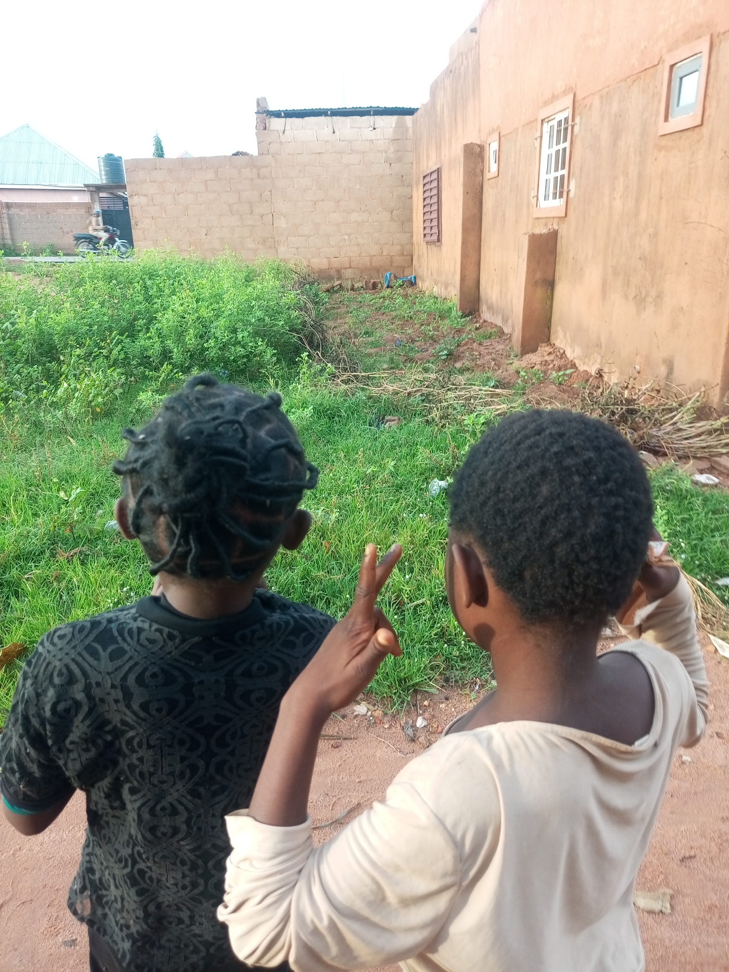 This image, taken in the city of Tempure, Nigeria, captures two young individuals from behind, facing away from the camera. They are positioned in an outdoor environment with a backdrop of buildings and overgrown vegetation.
The individual on the left has their hair styled in multiple braided sections that are gathered at the top of their head. They are wearing a black t-shirt with a raised, patterned design. Their left arm is visible, and they appear to be holding something in their hand, though it is not clearly discernible.
The individual on the right has short, curly hair. They are wearing a light-colored long-sleeved shirt. Their right arm is extended, and their hand is raised, displaying two fingers in a V-shape. Their left arm is partially visible and appears to be bent.
The environment surrounding the individuals consists of a patch of dry, sandy ground in the foreground, leading to an area of lush green grass and dense foliage. Behind the vegetation, a building constructed of light brown bricks is visible. Further in the background, another building with a light-colored facade and windows is present. The sky is overcast. The overall impression is of a casual outdoor setting in a residential area.