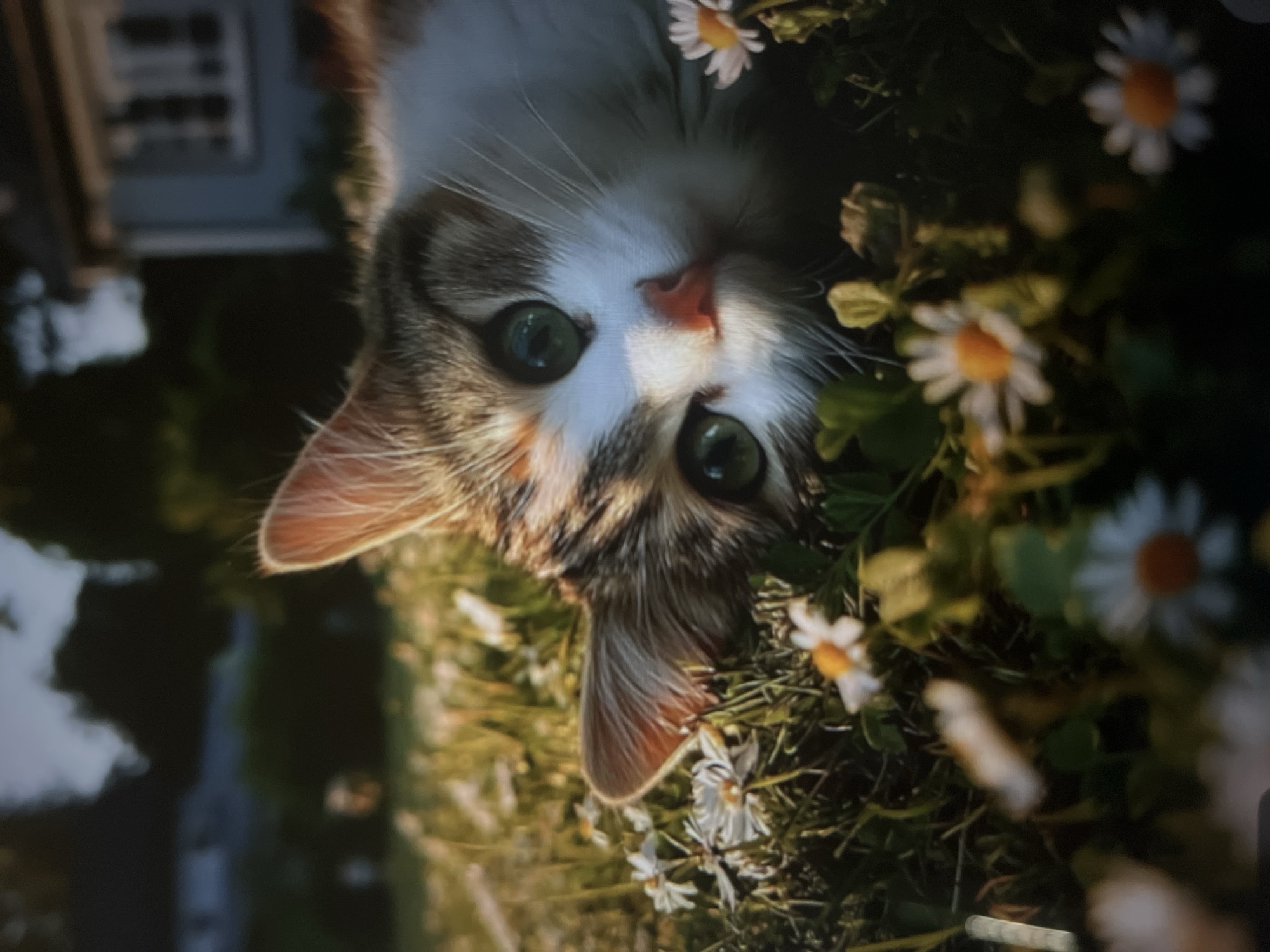 A calico cat with green eyes lies on its side in the grass, surrounded by small white daisies. The cat's head is tilted, and its gaze is directed at the viewer. The background is blurred, but a house and trees are faintly visible. The lighting suggests it is either early morning or late evening, with soft sunlight casting warm tones on the scene.