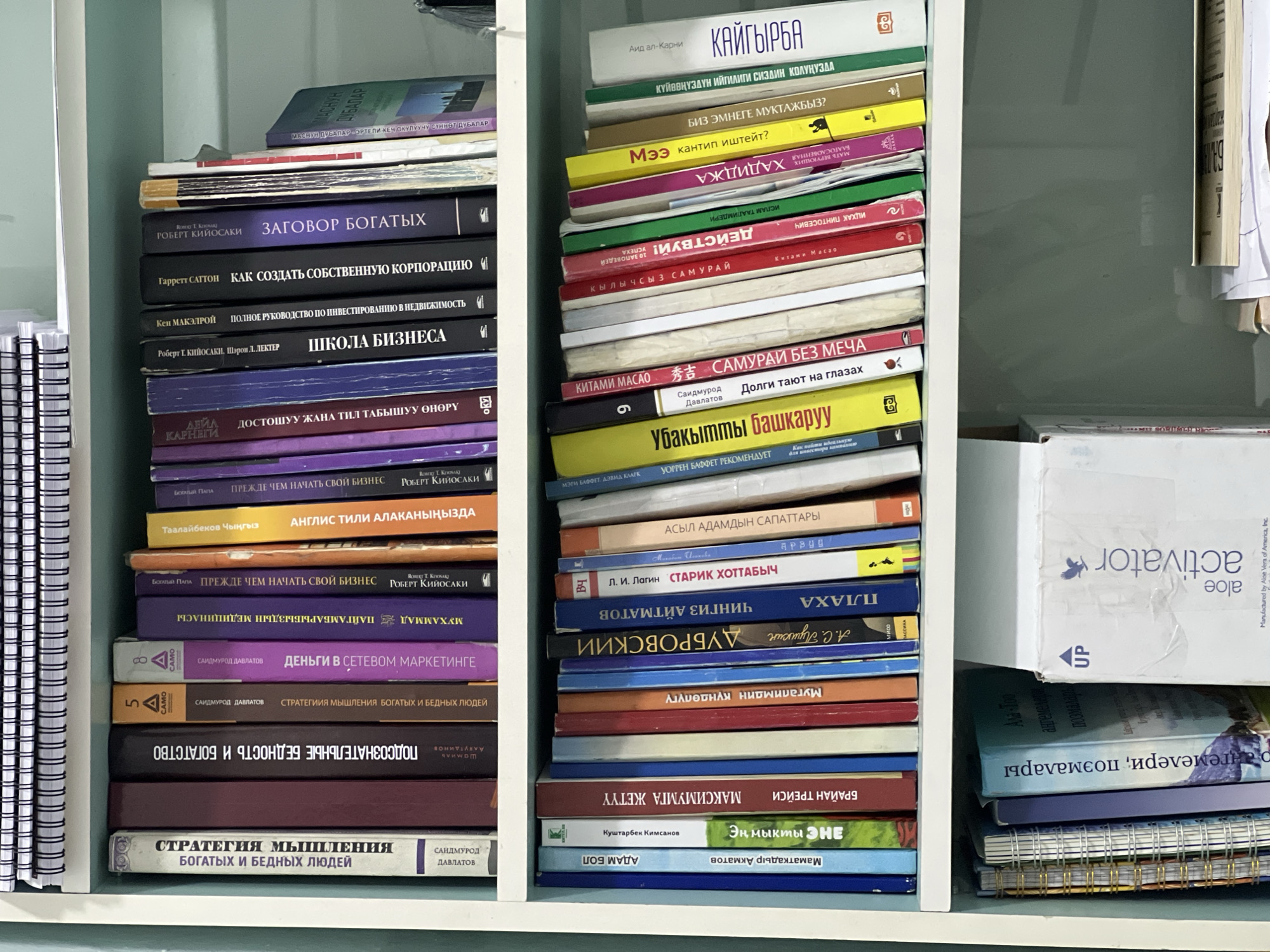 The image shows a bookshelf filled with books. The books are of various sizes and colors, with titles in what appears to be Cyrillic script. Some of the books are stacked horizontally on top of the shelf, while the majority are arranged vertically on the shelves. The environment appears to be indoors, possibly a study or living room, with a plain wall in the background. A cardboard box with "UP activator" printed on it is visible on the bottom shelf, alongside some notebooks. The lighting is bright and even, suggesting it might be daylight. There are no people visible in the image. The overall impression is one of a well-stocked personal library. Without further context, it is impossible to determine the specific location within Osh City, Kyrgyzstan.