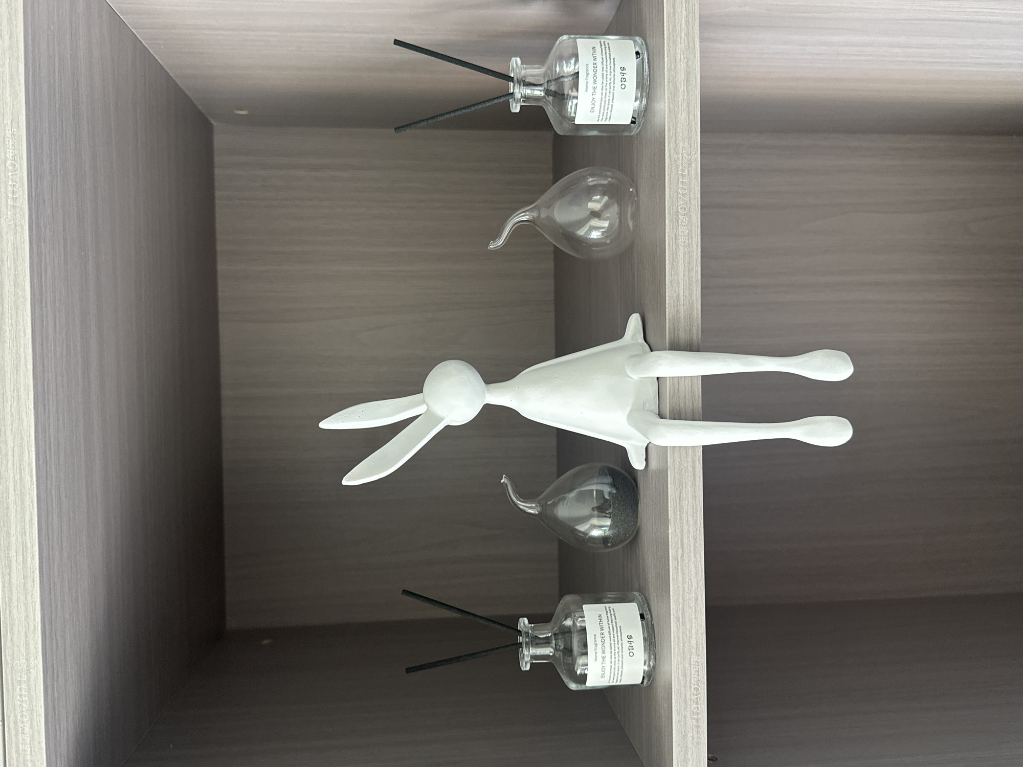 A photograph taken indoors in Chongqing High-tech Zone, China, shows a shelf with several decorative items. Two glass bottles with black reeds sit on the top and bottom shelf, each labeled "ENJOY THE WONDER WITHIN." Two clear glass containers in a teardrop shape are positioned between the bottles. In the center of the shelf is a white rabbit figurine lying horizontally. The shelf has a light brown, wood-grain finish.