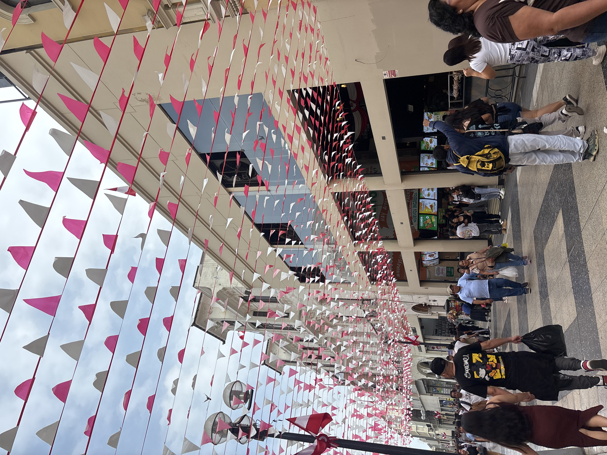 The image depicts a street scene in Lima, Peru, likely a commercial district. The street is lined with buildings and adorned with numerous strings of triangular flags in alternating colors of white and pink, strung across the pedestrian walkway and overhead. A flock of birds is visible in the sky among the flags.
In the foreground, a couple walks hand-in-hand away from the camera. The woman wears a dark red dress, and the man wears a black t-shirt with a graphic print, dark pants, and a black cap. He carries two black plastic bags.
Other pedestrians are visible on the street, walking in various directions. Some are engaged in conversation or browsing shop windows. One man in a blue shirt and jeans walks with a woman carrying a white plastic bag. Further in the background, a man in a blue hooded sweatshirt with a yellow backpack on his back raises his arm.
The buildings on either side of the street appear to be commercial establishments, with storefronts and signage. One sign, partially visible, reads "#NORKYS". Another sign displays "NUEVOS INGRESOS" (New Arrivals) and "Boxer Lover". Various restaurant and shop displays are visible.
The pavement is a patterned stone or tile. The overall atmosphere suggests a busy, bustling urban environment, likely during daylight hours.