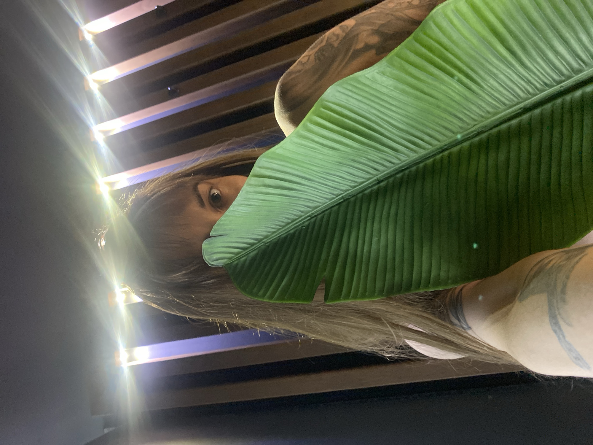 A person is holding a large green leaf in front of their face. Only one eye is visible peeking out from behind the leaf. The person has light brown hair and visible tattoos on their arm. The background consists of a dark-colored wall with light fixtures illuminating the scene from above. There is no indication of the city of Votkinsk, Russia.
