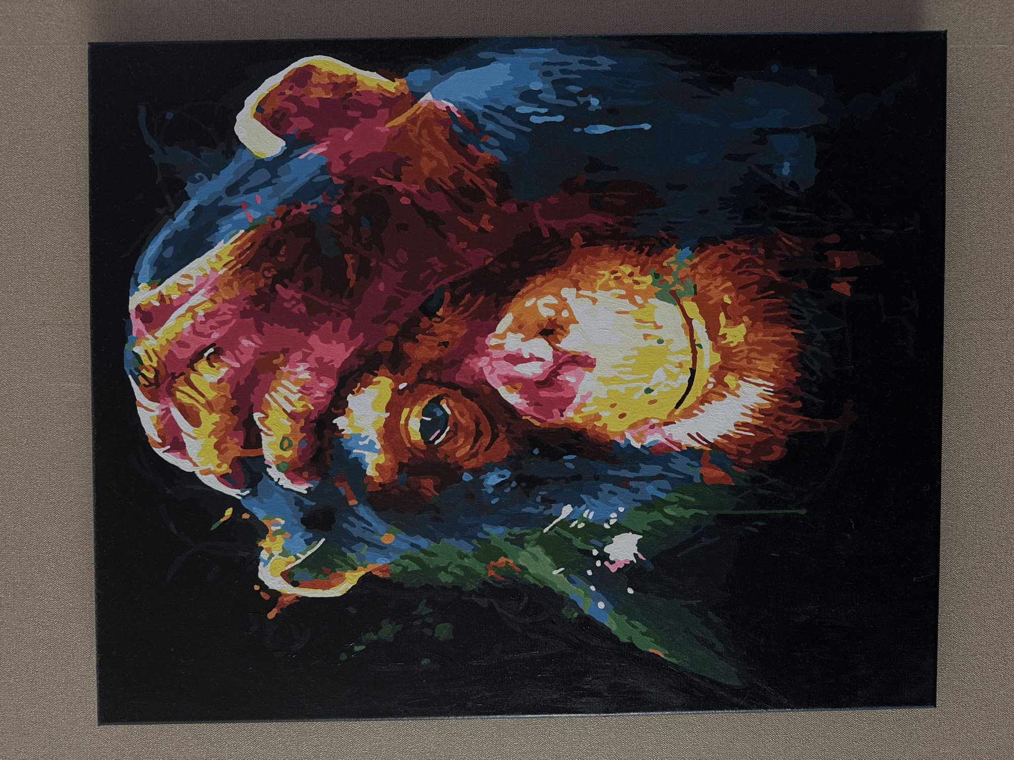 The image is a square painting on canvas, predominantly featuring an abstract depiction of a fish or sea creature. The artwork employs a color-by-number style with blocky areas of paint, primarily in shades of pink, red, orange, yellow, blue, green, and white against a stark black background. The "fish" is centrally positioned with its eye visible in the lower-left quadrant. The painting appears to be photographed against a beige-toned wall. No information is available to indicate the location is in Ждановіцкі сельскі Савет, Belarus.