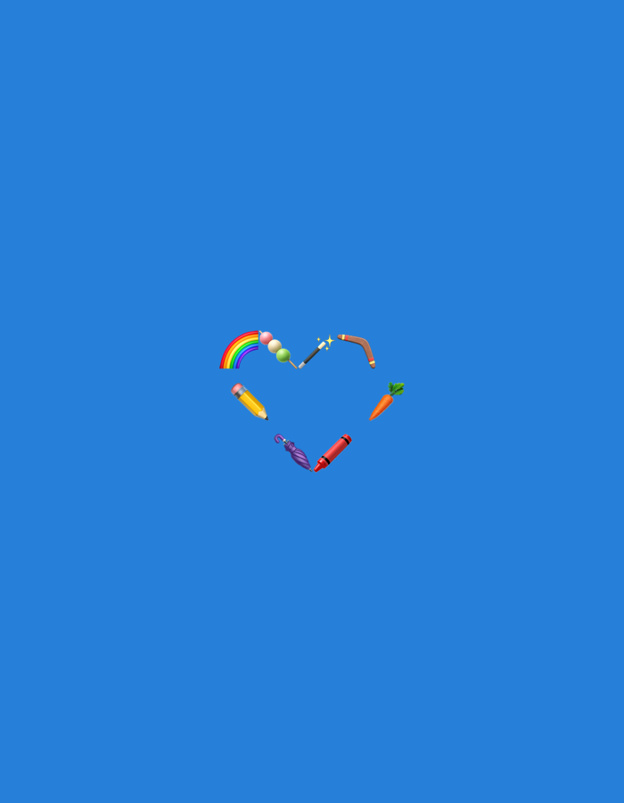 The image displays a collection of emojis arranged to form a heart shape against a plain, solid blue background. The heart is formed by eight distinct emojis. Starting from the top left and moving clockwise, the emojis include a vibrant rainbow, a skewer of three colorful dango (Japanese dumplings), a sparkling magic wand, and a brown boomerang. Completing the right side of the heart is an orange carrot. The bottom of the heart is formed by a red crayon and a purple closed umbrella. On the left side, a yellow pencil contributes to the heart's shape.
There are no people or specific real-world scenes depicted, only stylized digital icons. The activity or event taking place is the artistic arrangement of these emojis into a universally recognized symbol of love or affection. The heart shape itself evokes positive emotions like love, happiness, and creativity, suggested by items like the rainbow, magic wand, pencil, and crayon.
Notable details include the crisp, shadowless rendering of the emojis, suggesting a digital origin rather than a photograph of physical objects. The solid blue background offers no environmental cues, time of day, or weather information. There is no visible text in the image. While a location context of Blagoevgrad, Bulgaria, was provided, there are no elements within the image itself to confirm or suggest this specific geographical location.