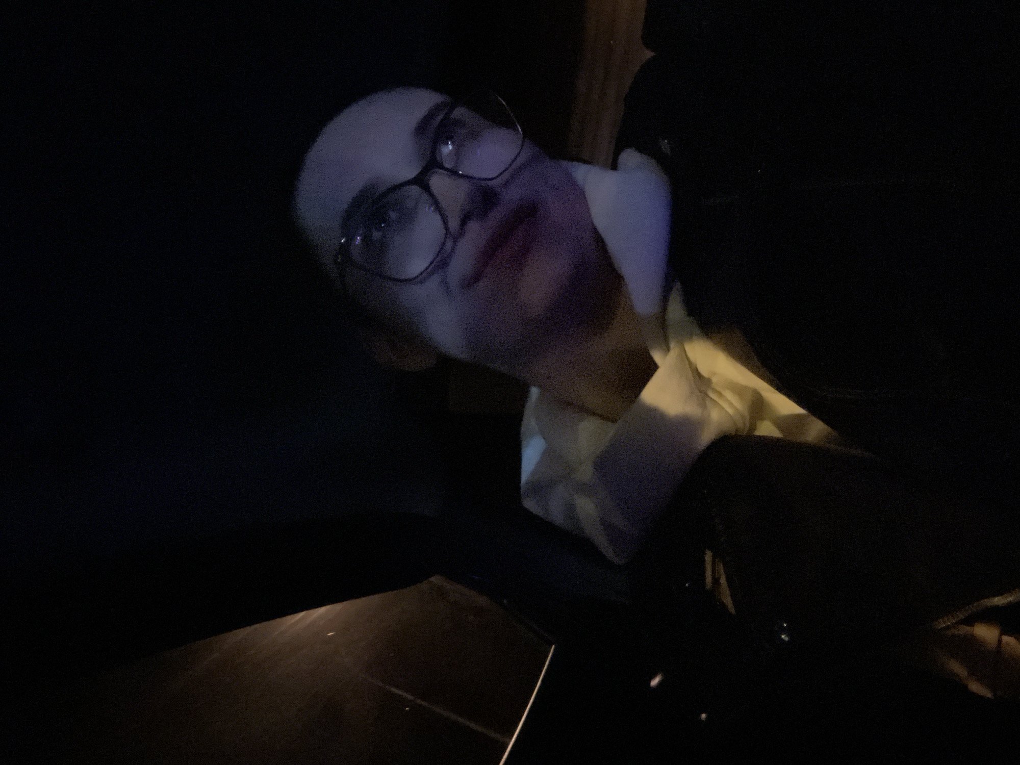 A person with glasses is in low light. The person appears to be in a car. The environment is dark and indistinct. The location is unspecified.