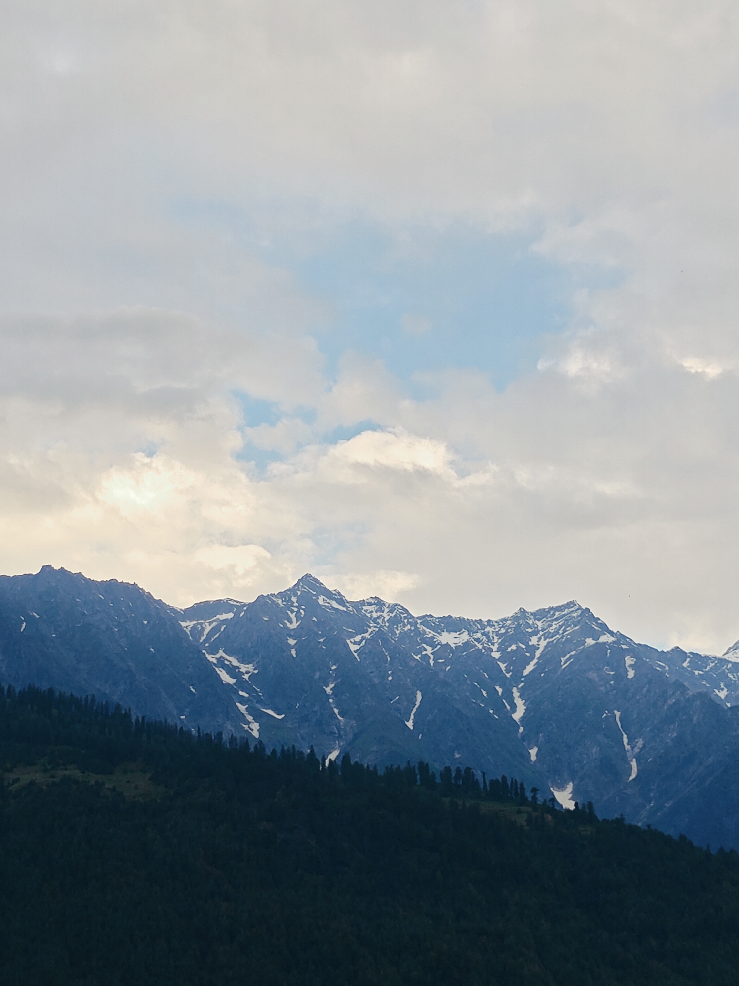The image captures a majestic view of snow-capped mountains towering over a lush green forest, likely in the vicinity of Vashisht, India. The sky is partly cloudy, with patches of blue peeking through the white and gray formations. The mountains, with their jagged peaks, are dusted with snow, creating a stark contrast against the dark, dense forest that covers the lower slopes. The forest itself appears to be composed of a variety of trees, creating a textured, almost velvety appearance. The overall scene evokes a sense of serene natural beauty and tranquility, typical of the Himalayan region.