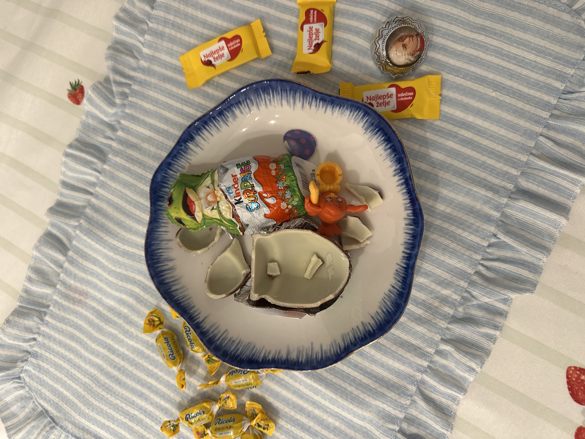The image shows a plate of opened Kinder Surprise egg with the toy inside, surrounded by other sweets on a light blue and white striped tablecloth. There are three yellow wrappers labeled "Najlepše želje mlecna cokolada" (a type of chocolate candy) above the plate and a small candy portrait. Below the plate, several "Ricola" candies are scattered. The setting appears to be indoors, likely a table setting. There is a pattern of a strawberry at the edge of the cloth. The image does not include any information related to the city of Bar, Montenegro, or any other location.